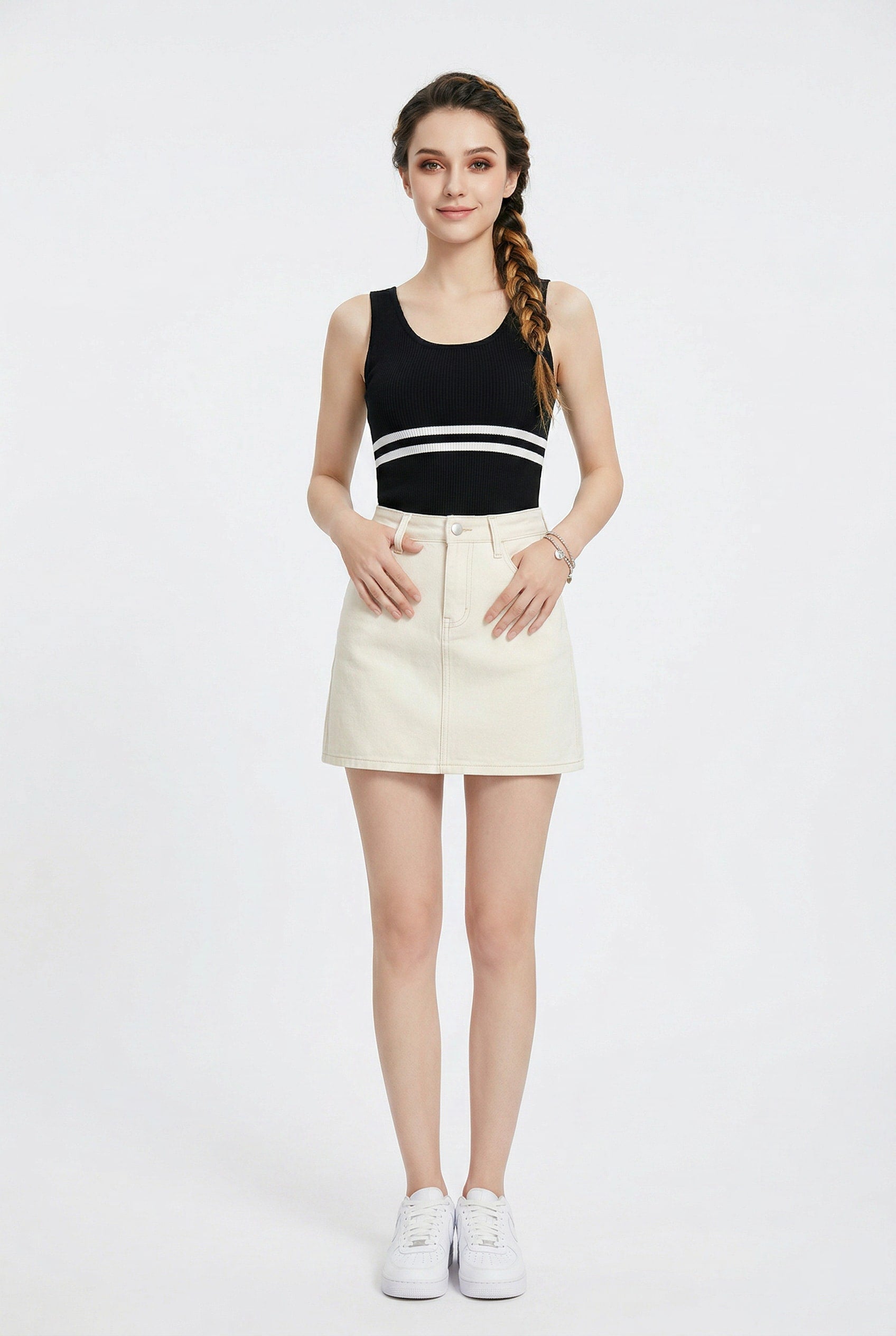 Cream Denim Mini A-Line Skirt