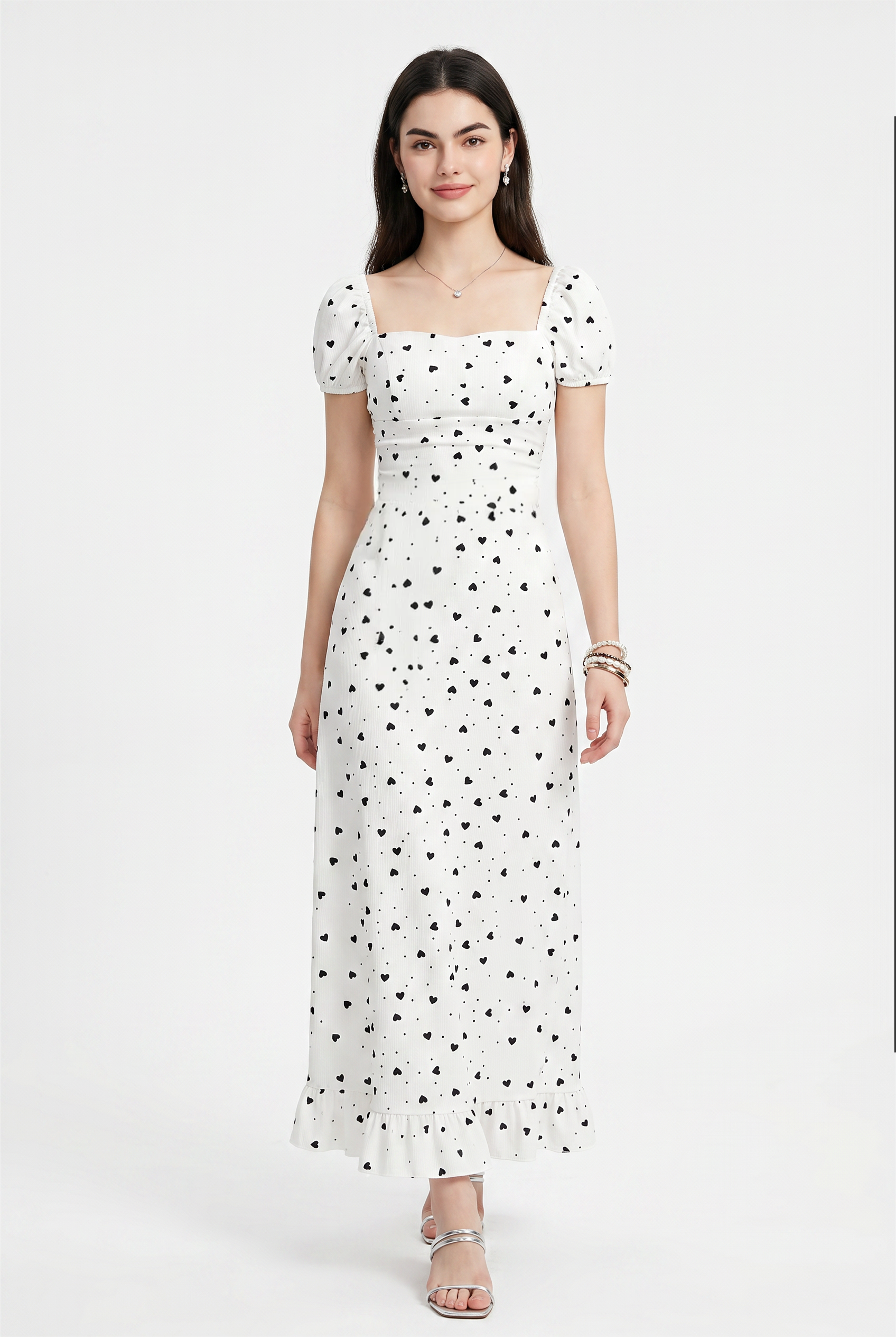 White Heart Print Midi Dress