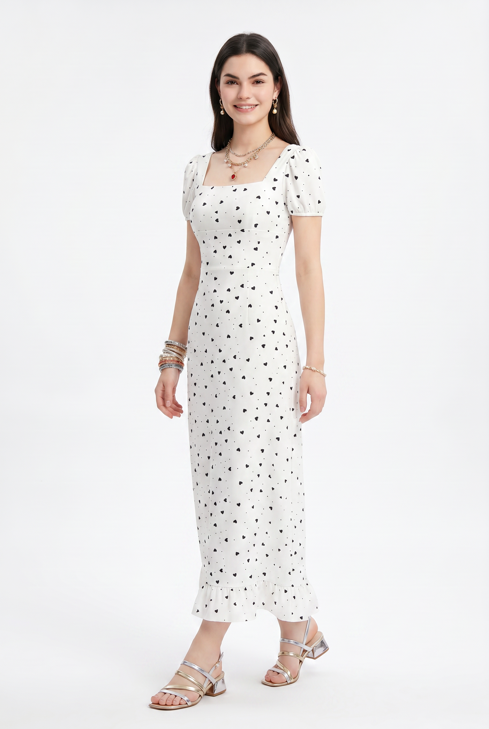 White Heart Print Midi Dress