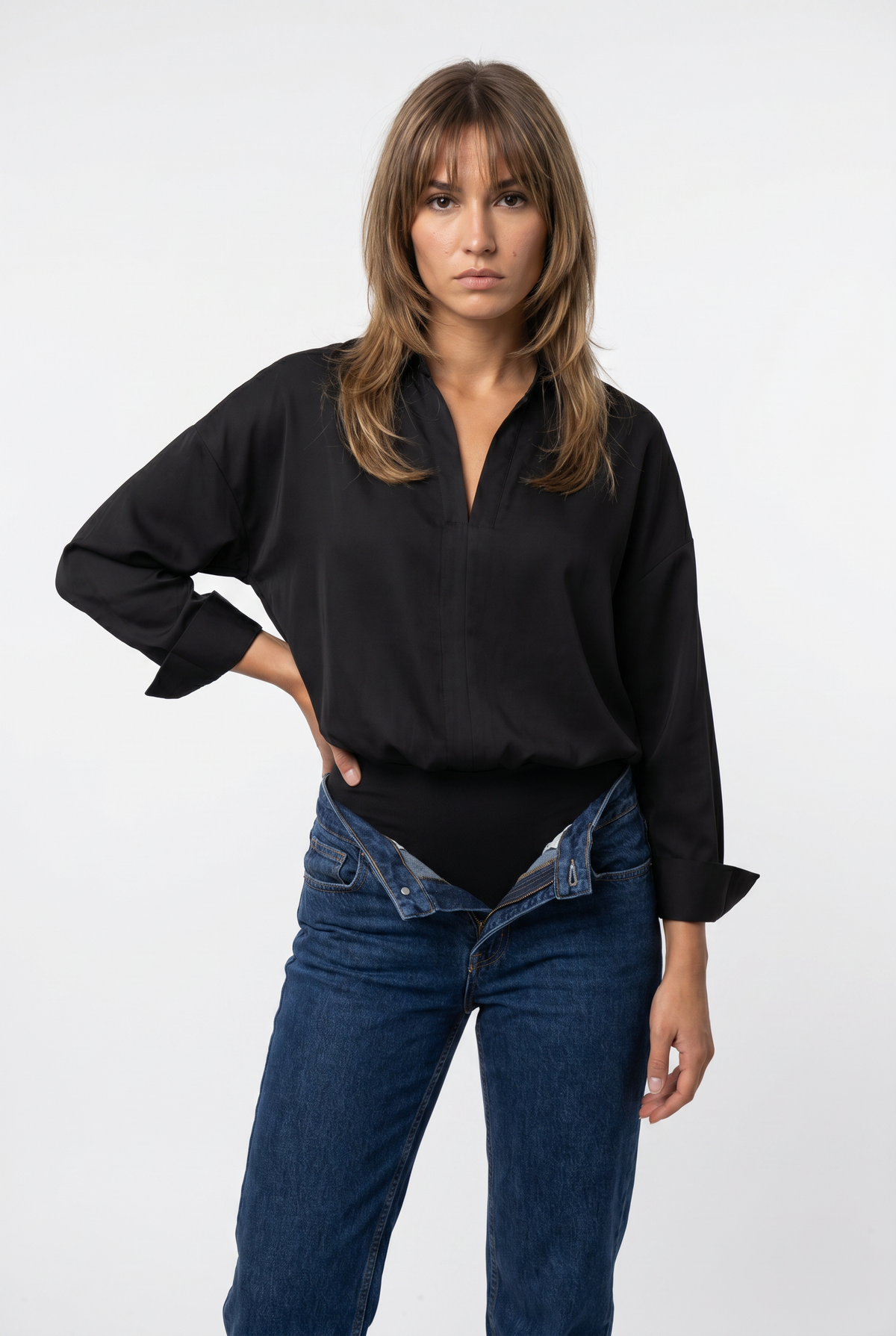 Black Relaxed Shirt Bodysuit Blouse