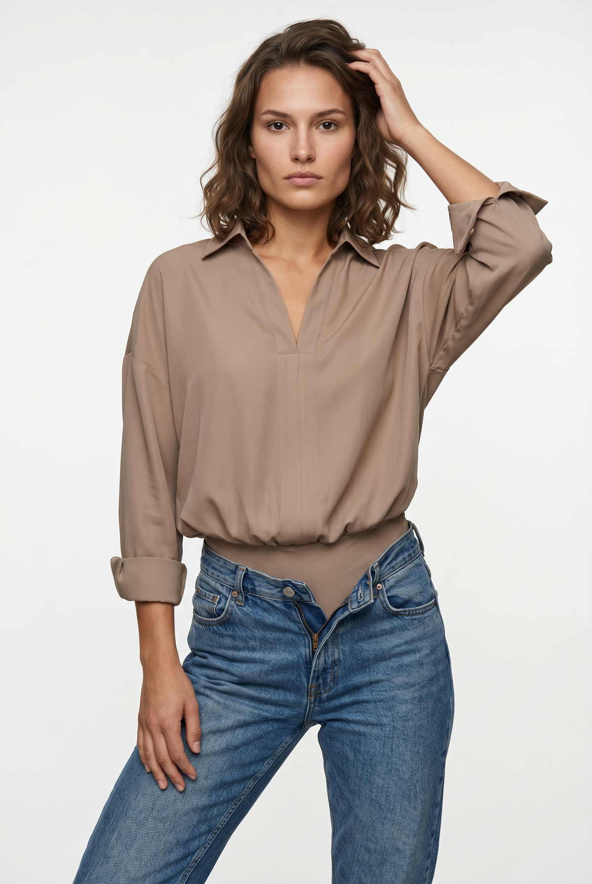 Mocha Oversized Collared Shirt Bodysuit