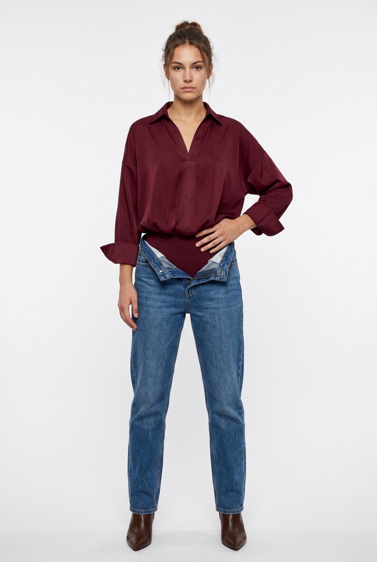 Burgundy Satin Shirt Bodysuit