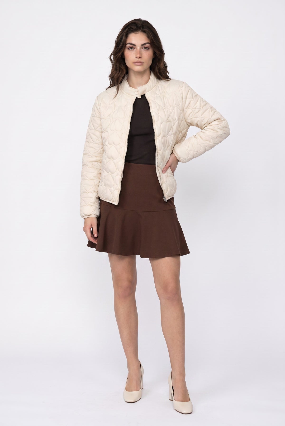Beige Heart Quilted Puffer Jacket