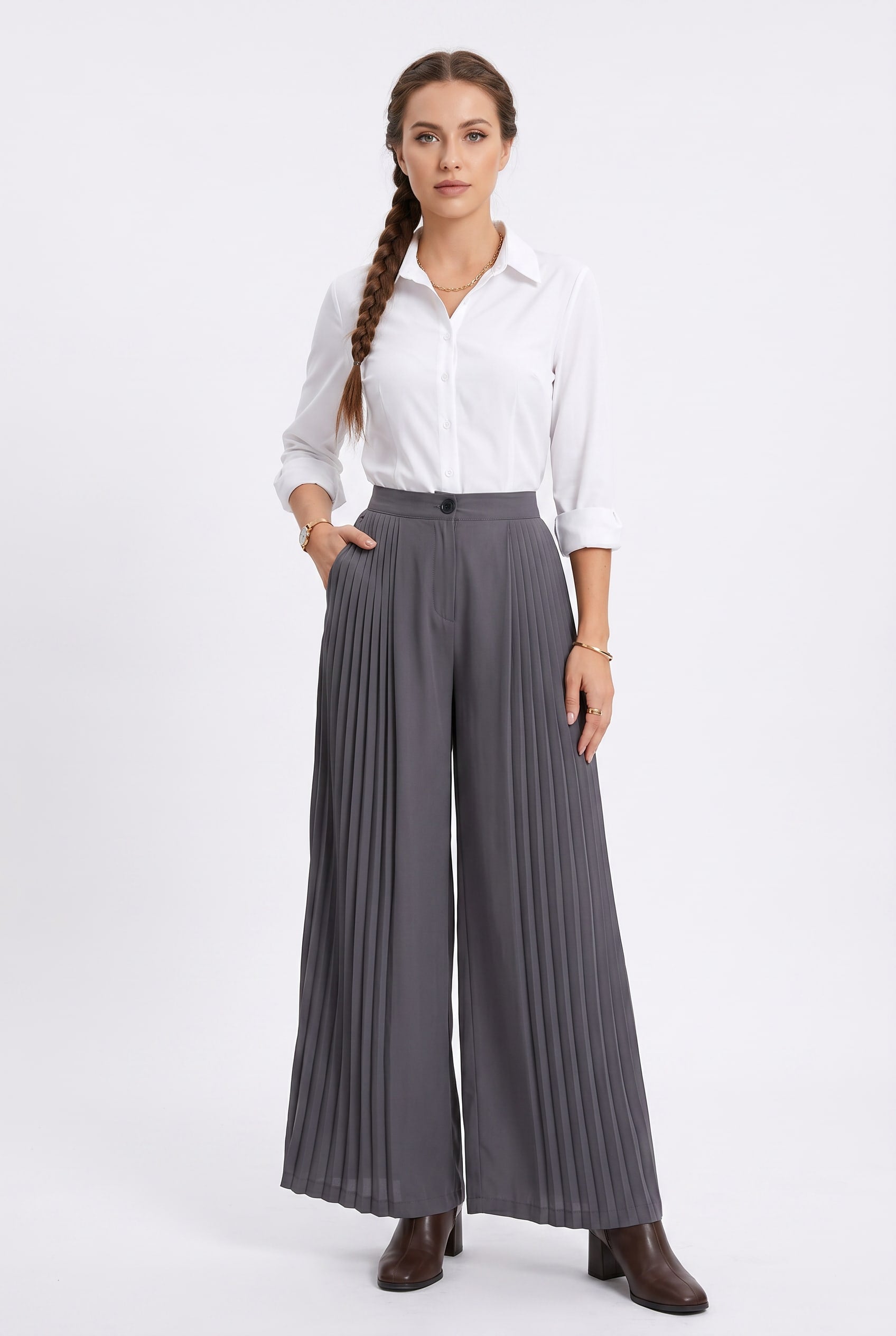 Grey Pleated Wide Leg Trousers