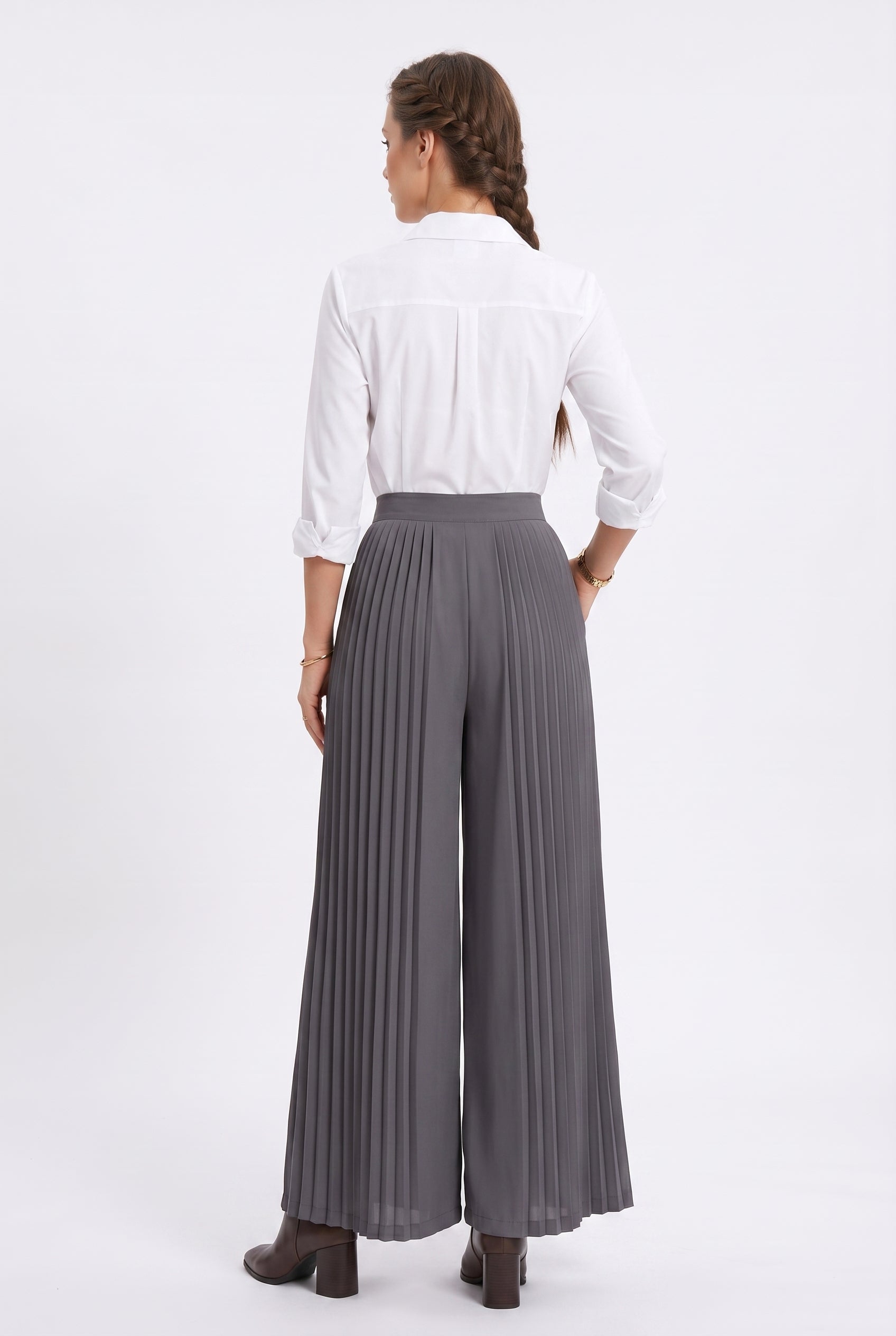 Grey Pleated Wide Leg Trousers