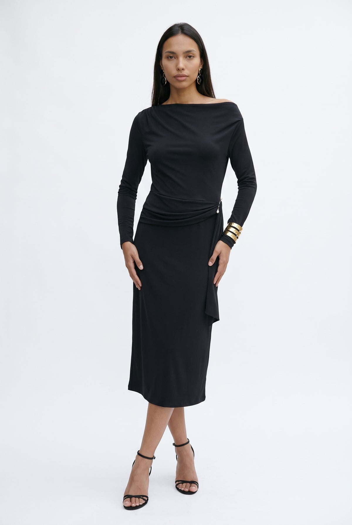 Black Off-Shoulder Draped Midi Dress