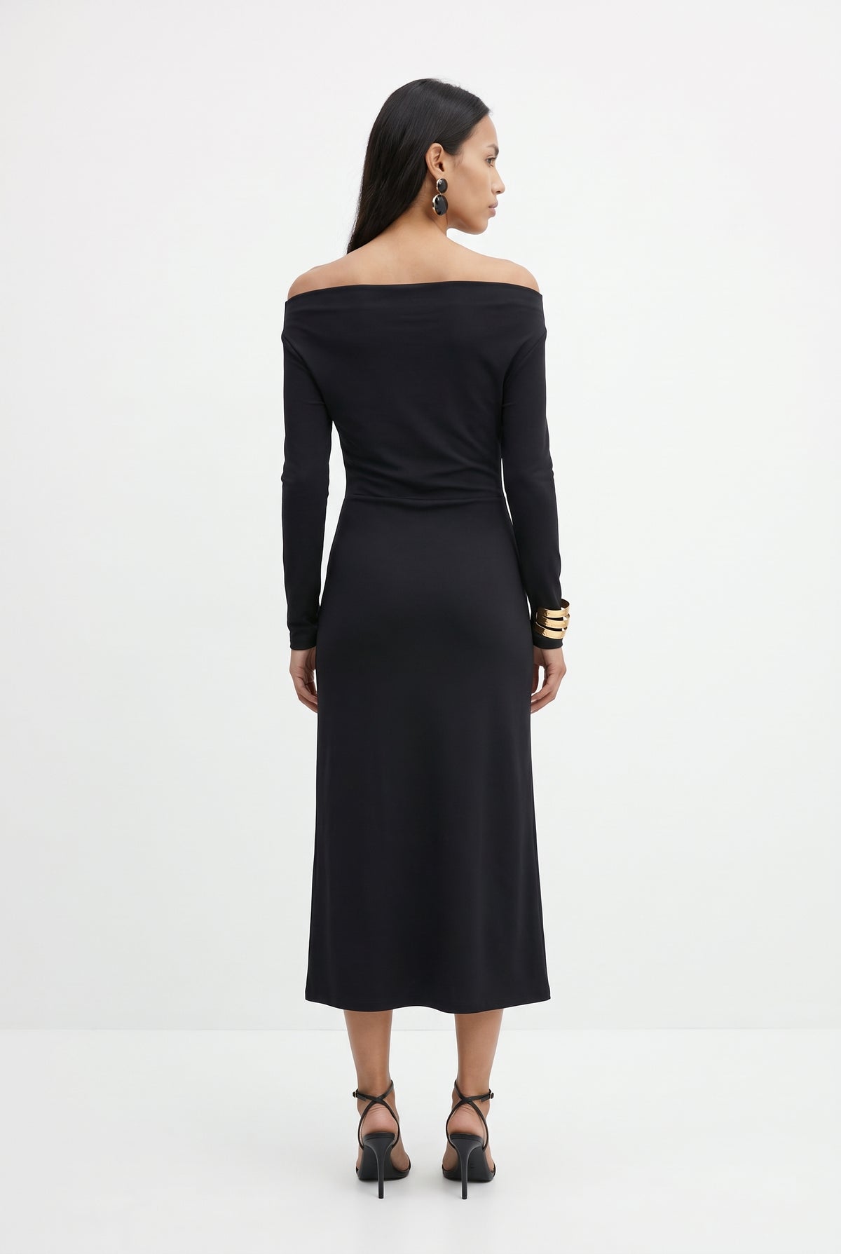 Black Off-Shoulder Draped Midi Dress