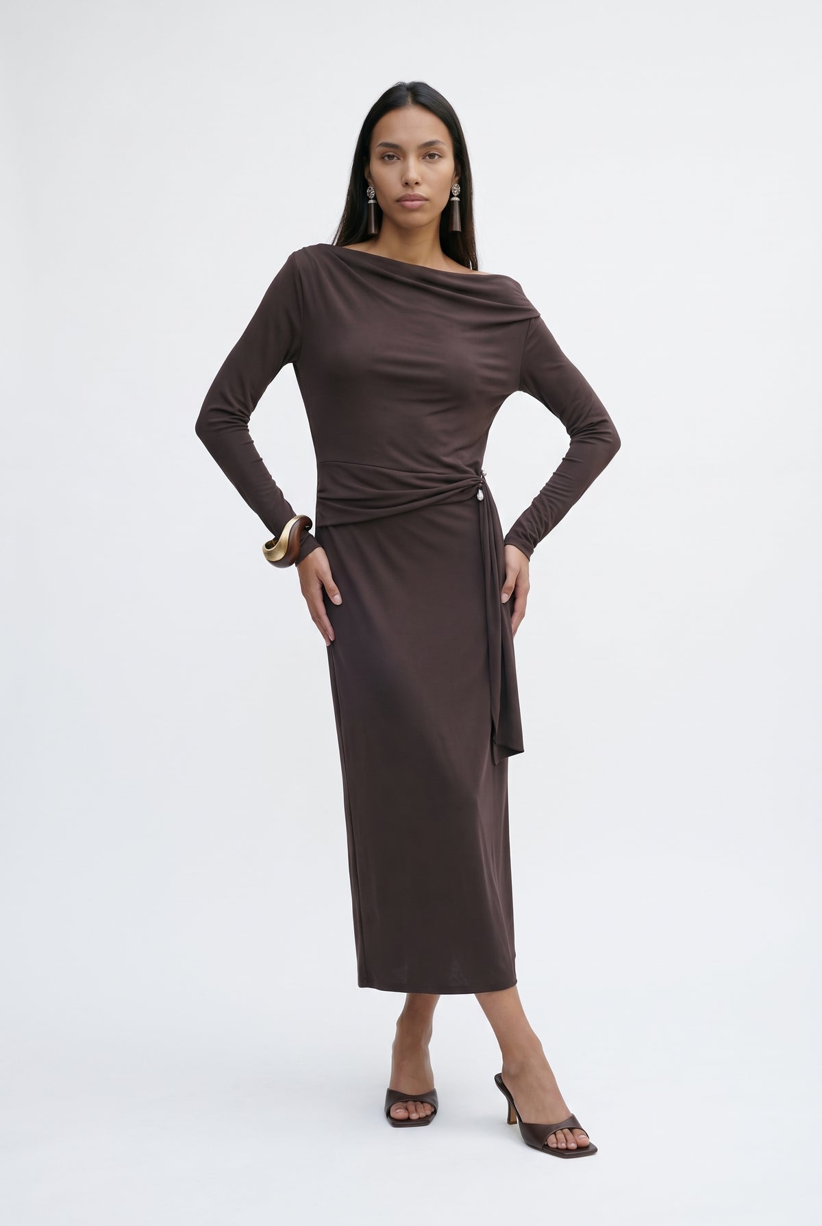 Brown Cowl Neck Midi Dress