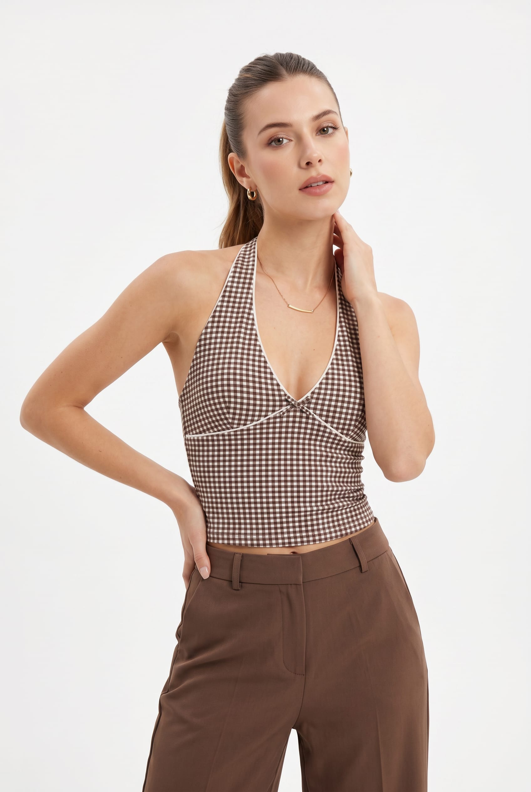 Brown Gingham Halter Twist Top