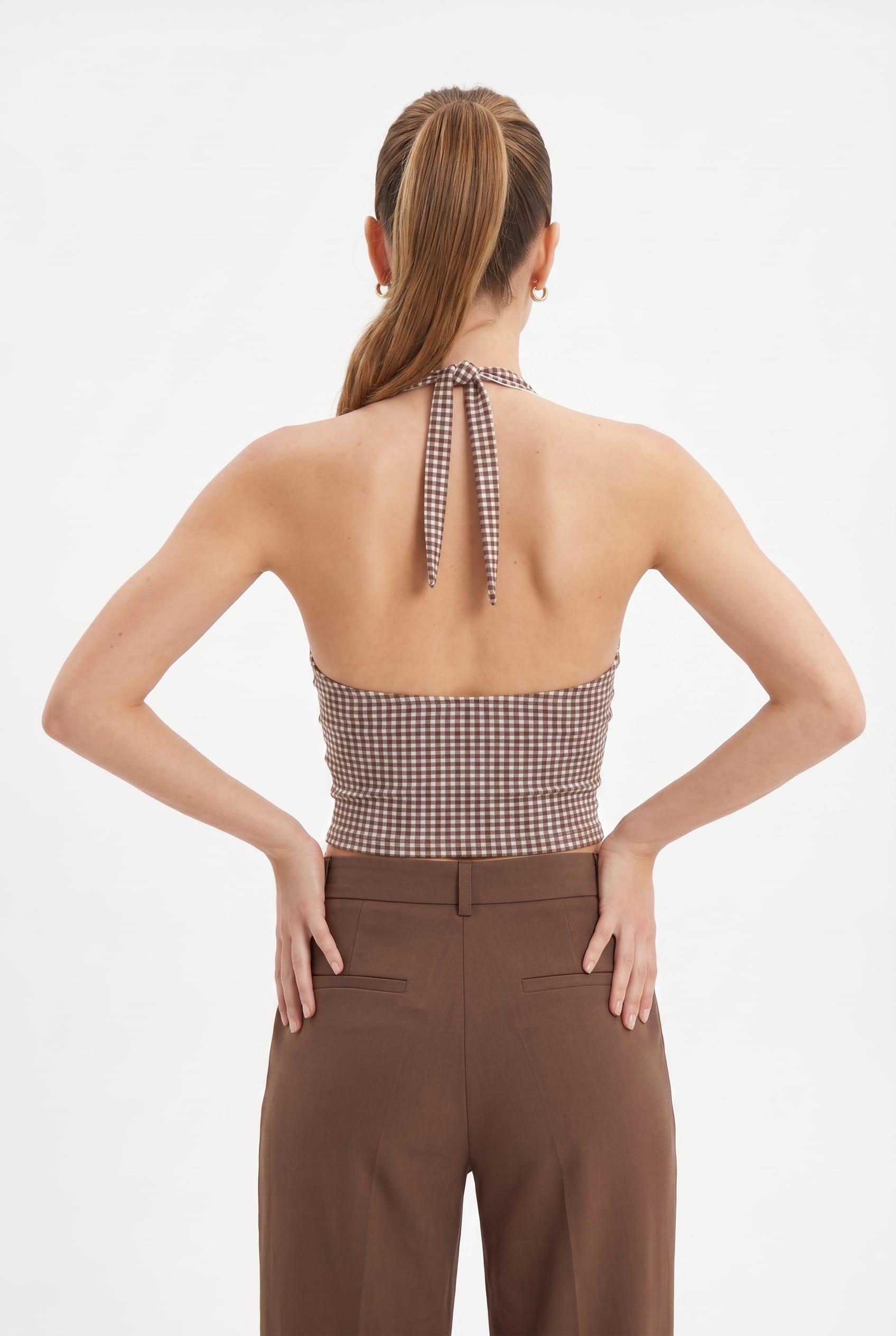 Brown Gingham Halter Twist Top