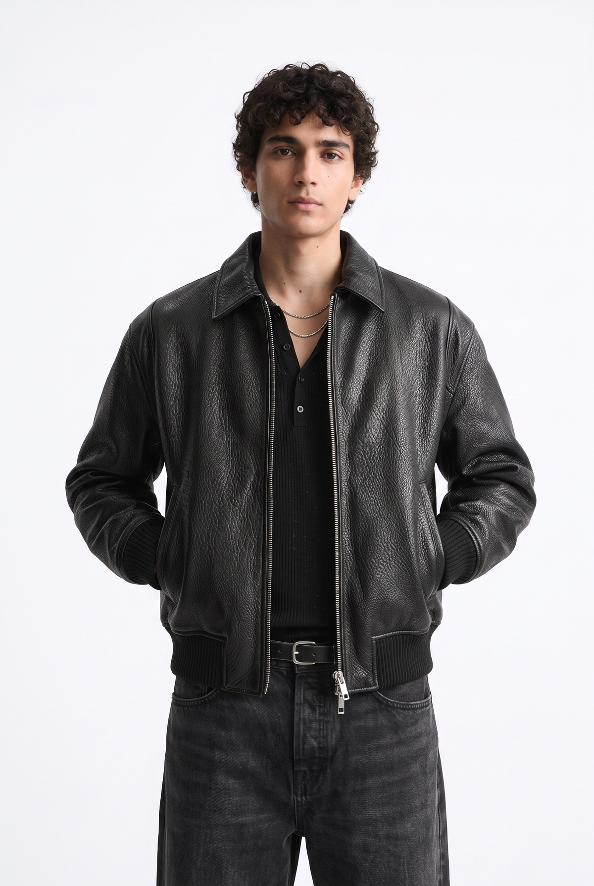 Pebbled Black Leather Bomber Jacket