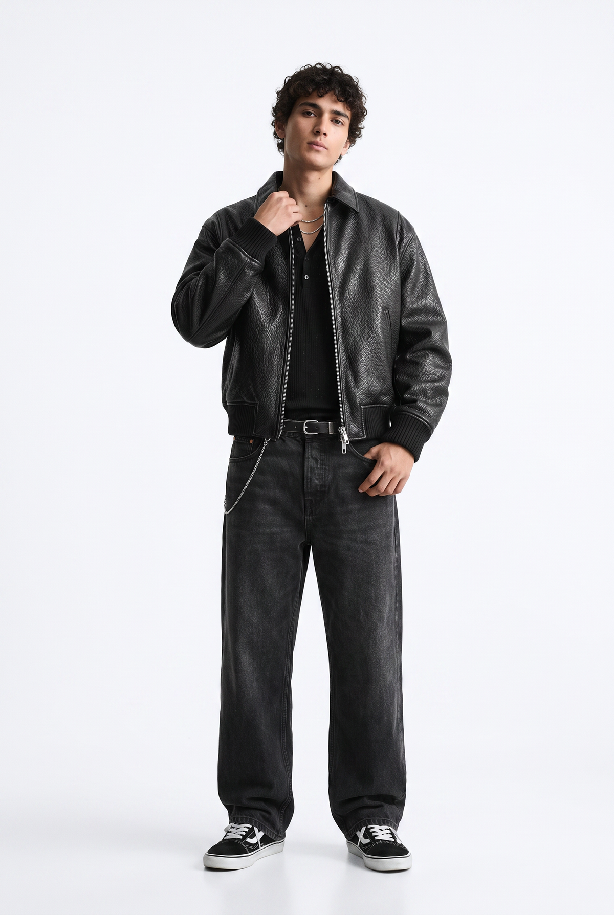 Pebbled Black Leather Bomber Jacket