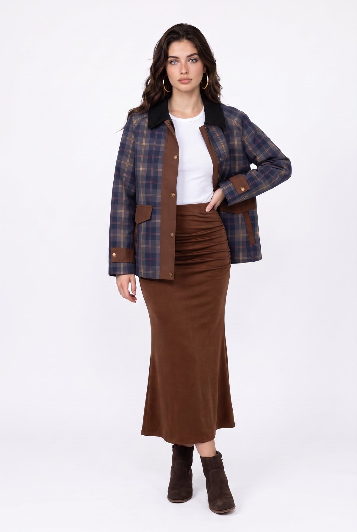 Navy Plaid Contrast Trim Jacket