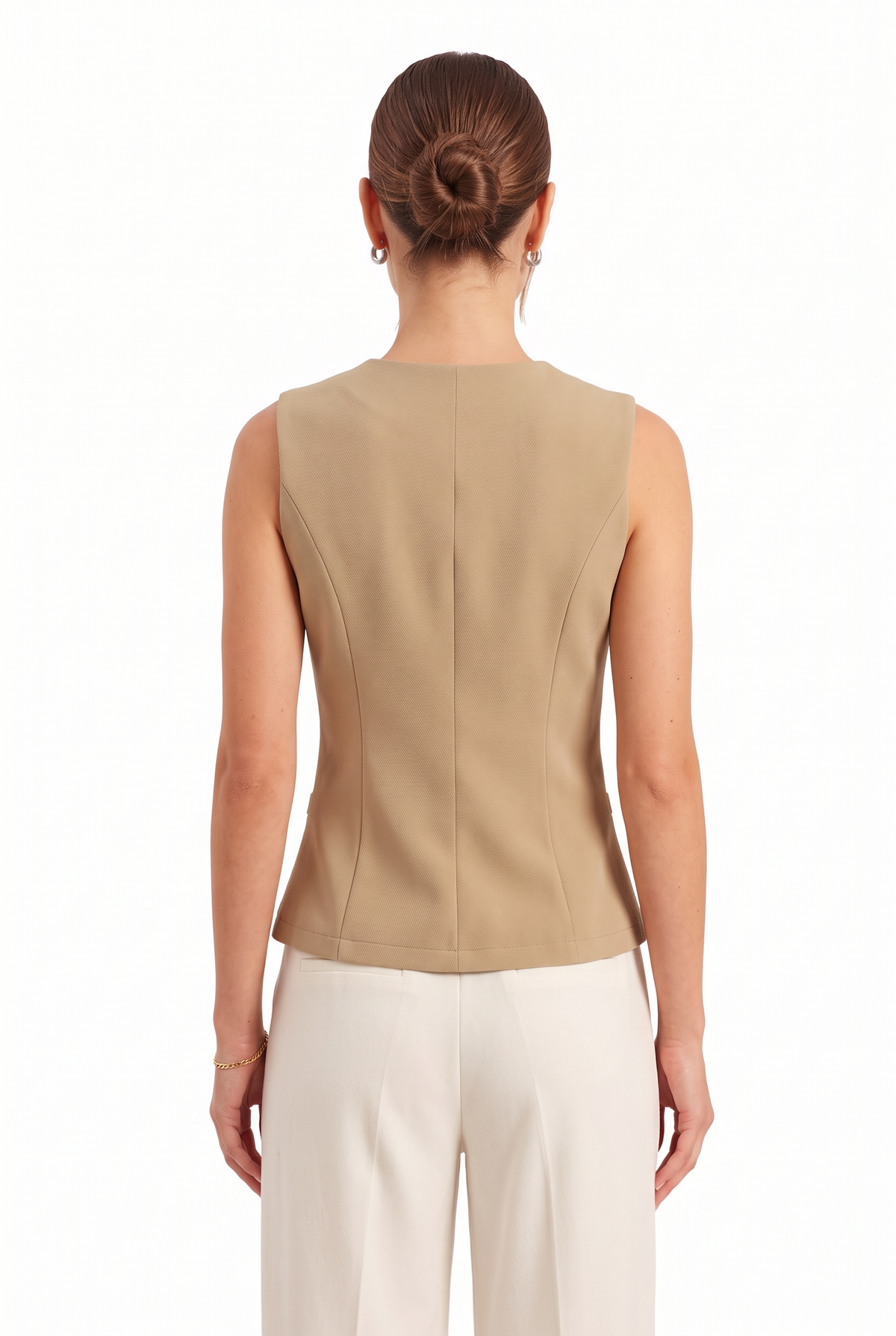 Beige Gold Button Tailored Vest