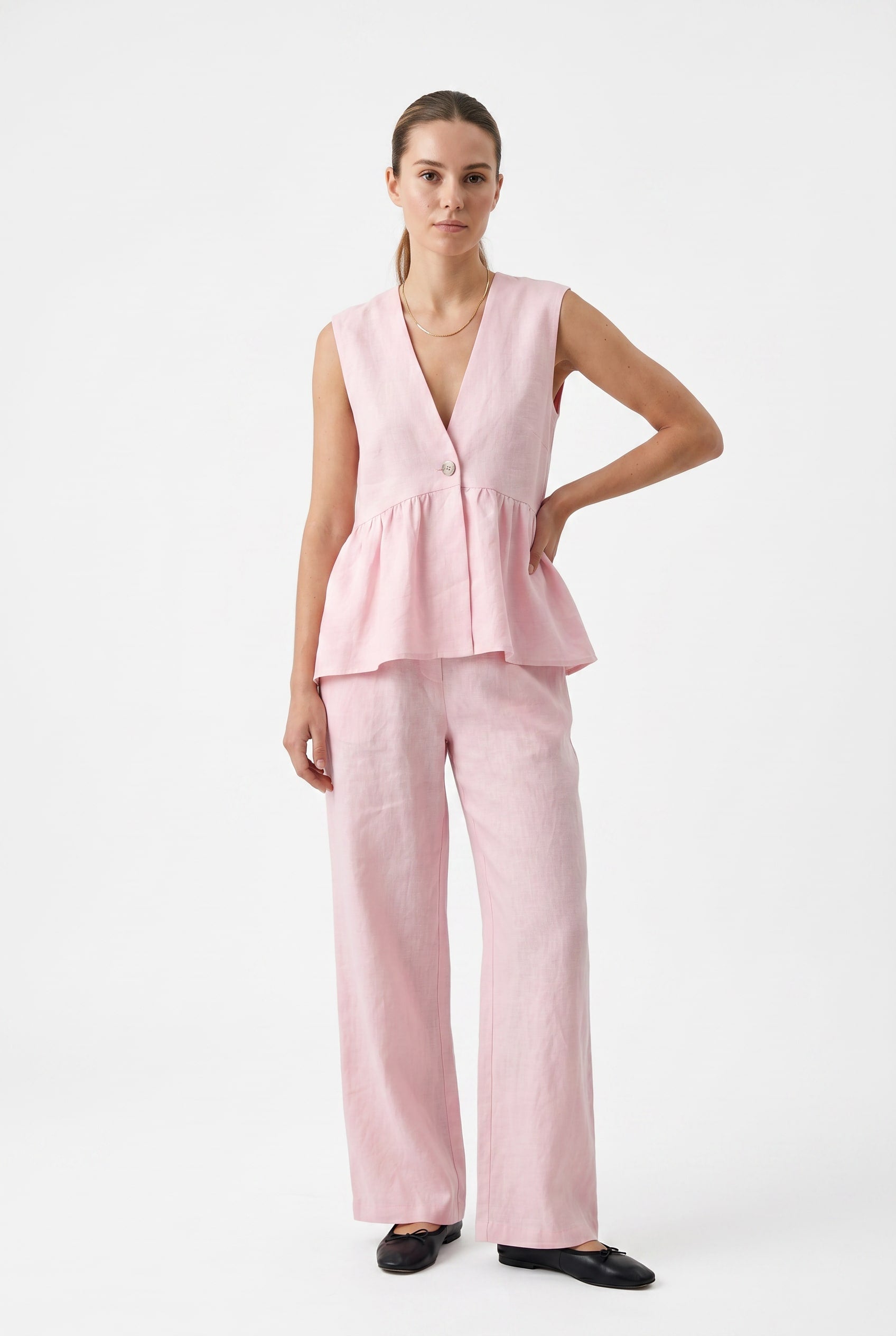 Pink Linen Peplum Vest Wide Pants Co-ord