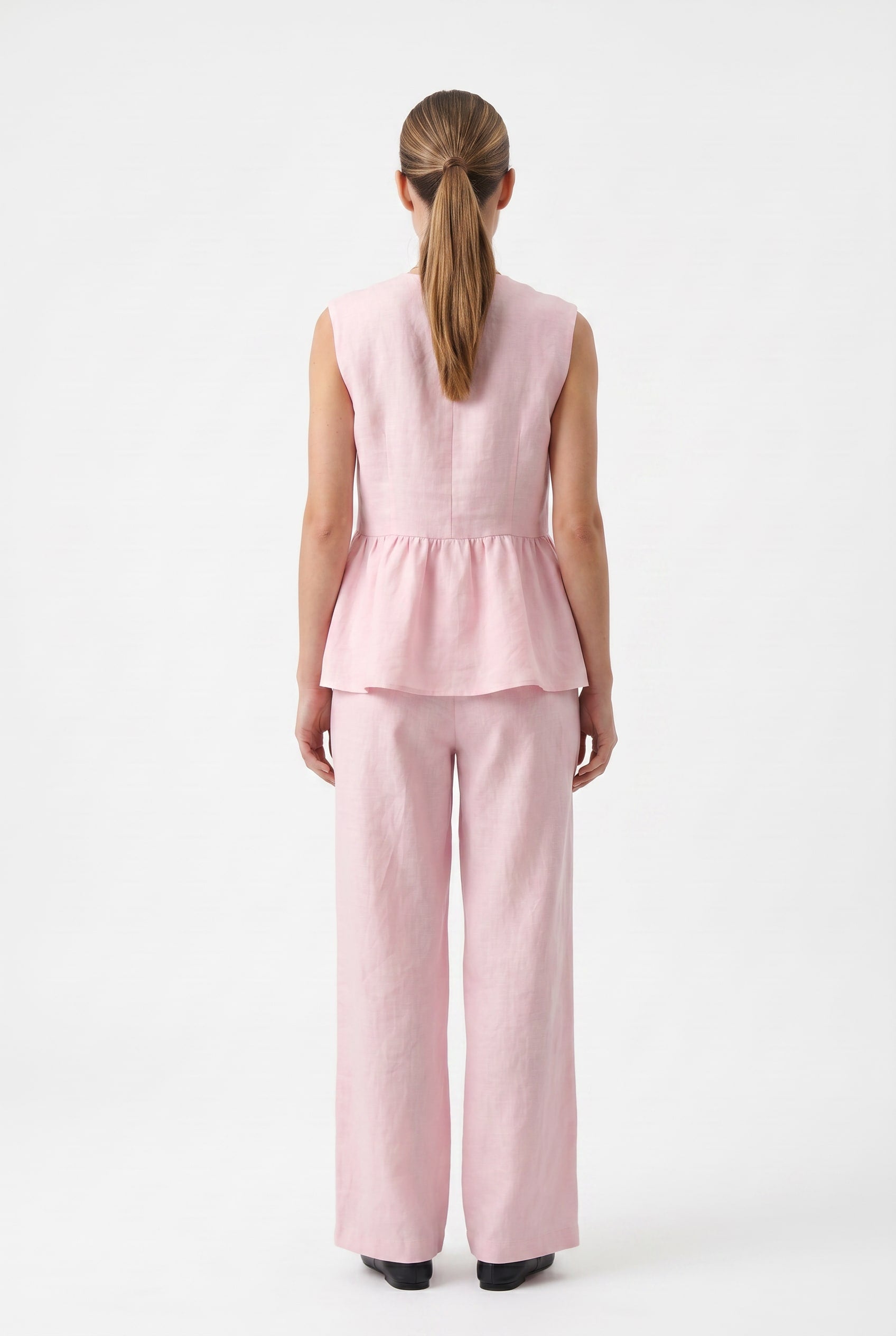 Pink Linen Peplum Vest Wide Pants Co-ord