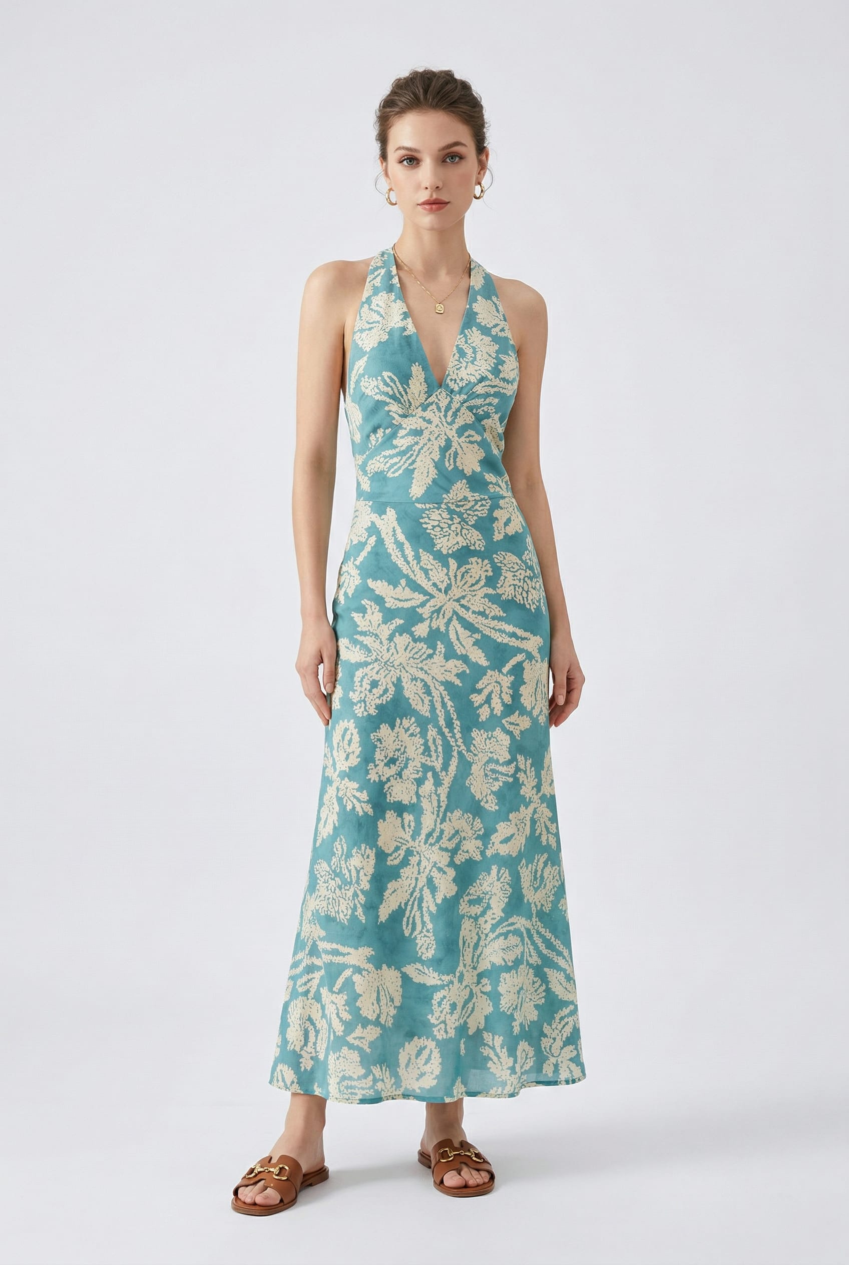Turquoise Floral Jacquard Halter Maxi Dress
