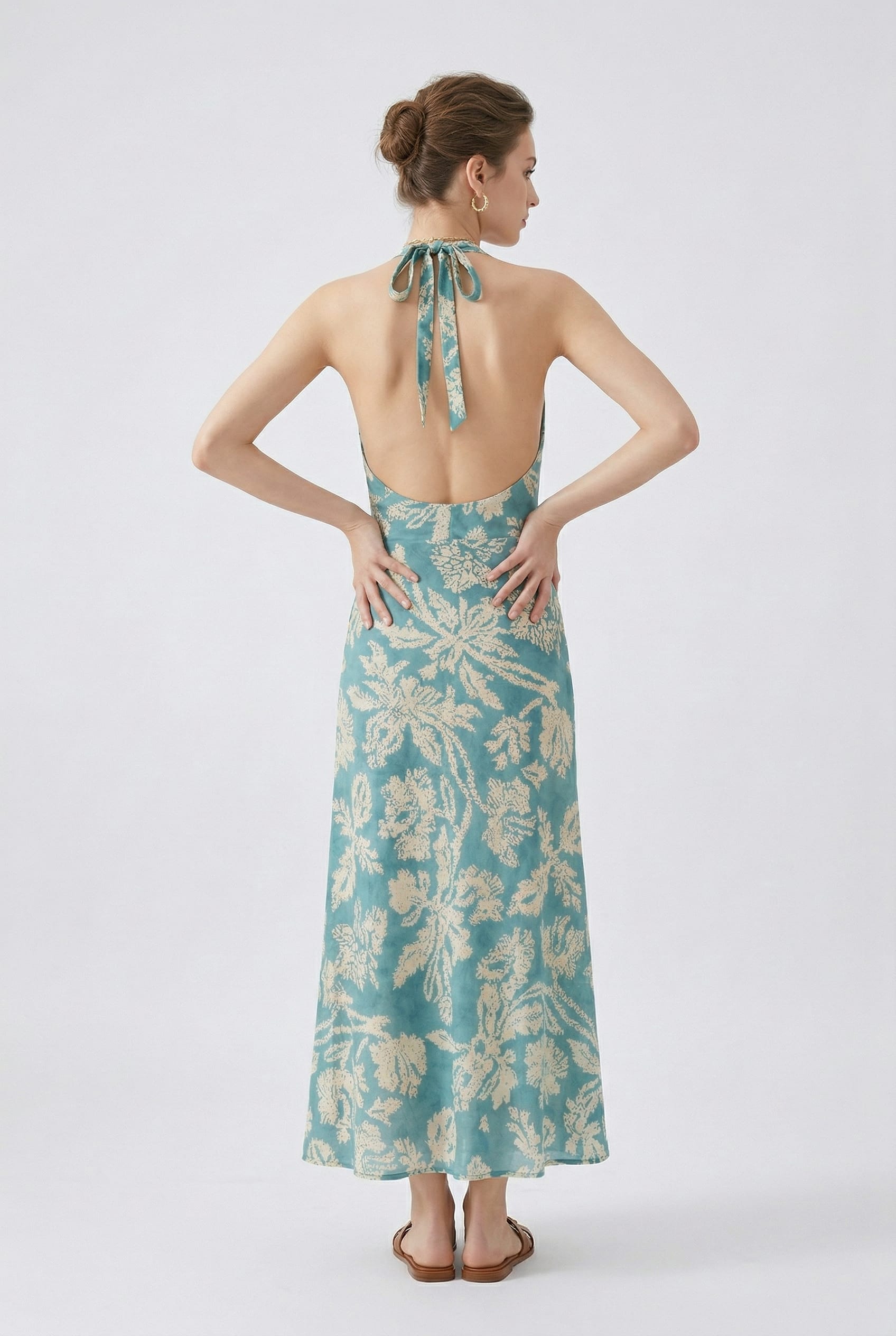 Turquoise Floral Jacquard Halter Maxi Dress