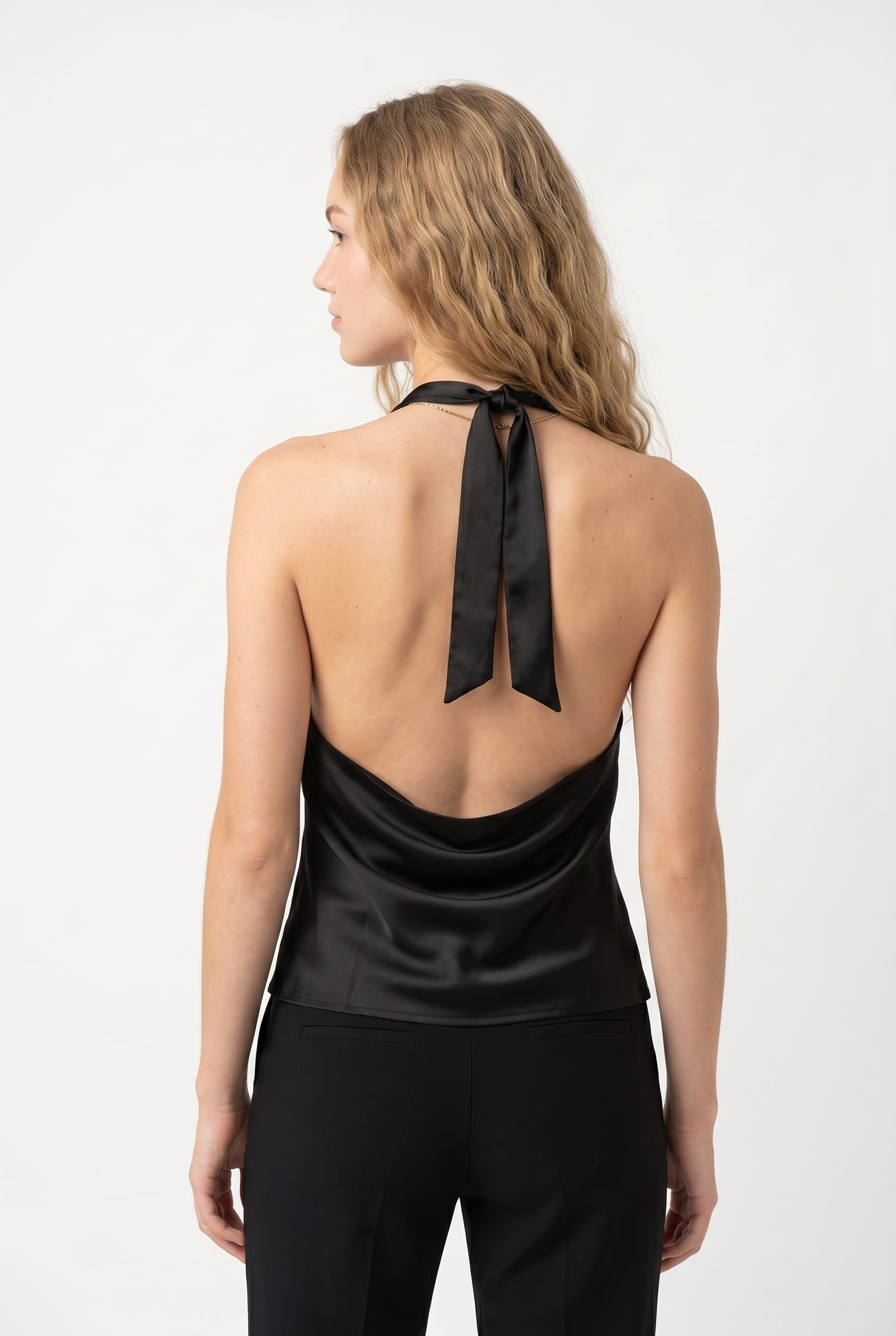 Black Satin Cowl Halter Top