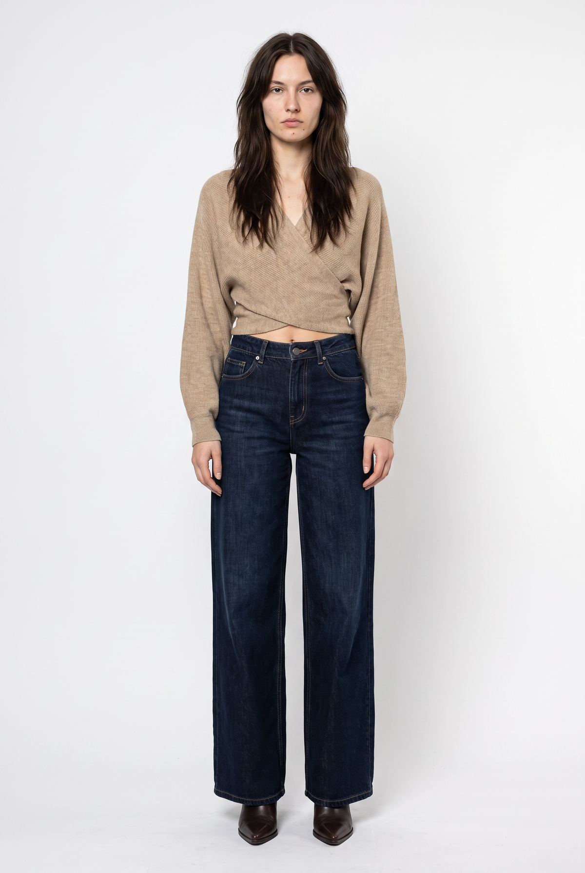 Beige Wrap Cropped Knit Sweater