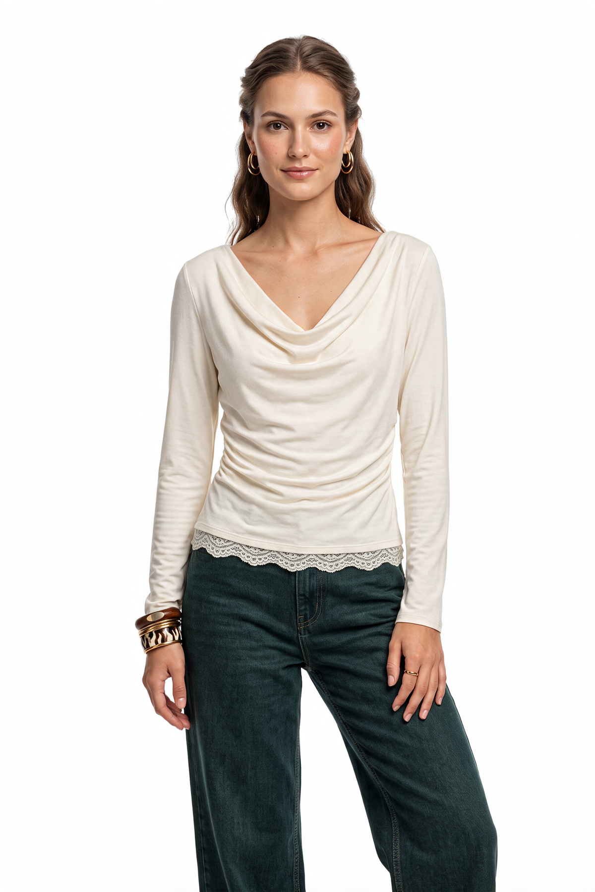 Off White Cowl Neck Lace Top