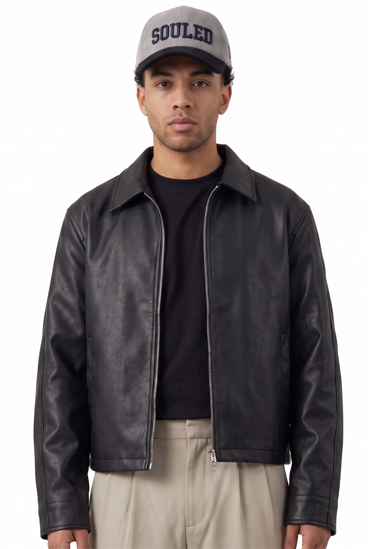 Cropped Black Leather Zip Jacket