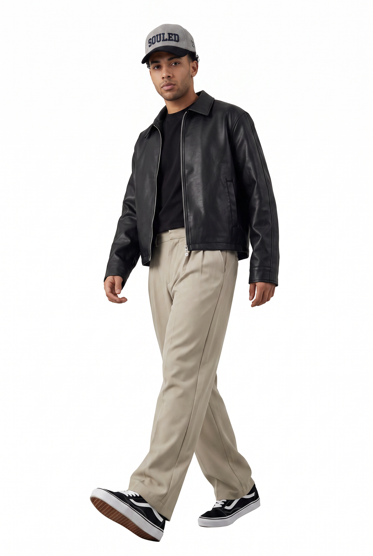 Cropped Black Leather Zip Jacket