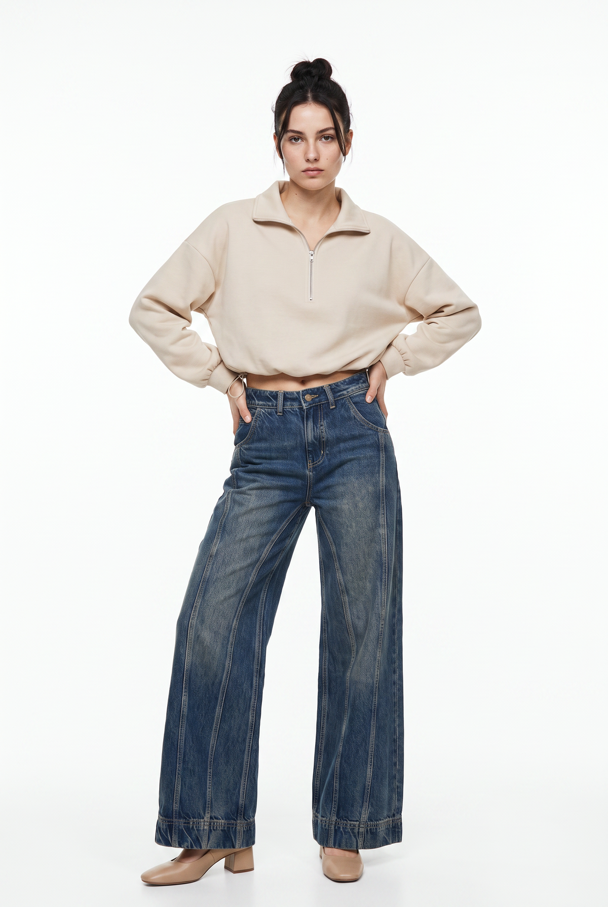 Beige Half-Zip Crop Sweatshirt