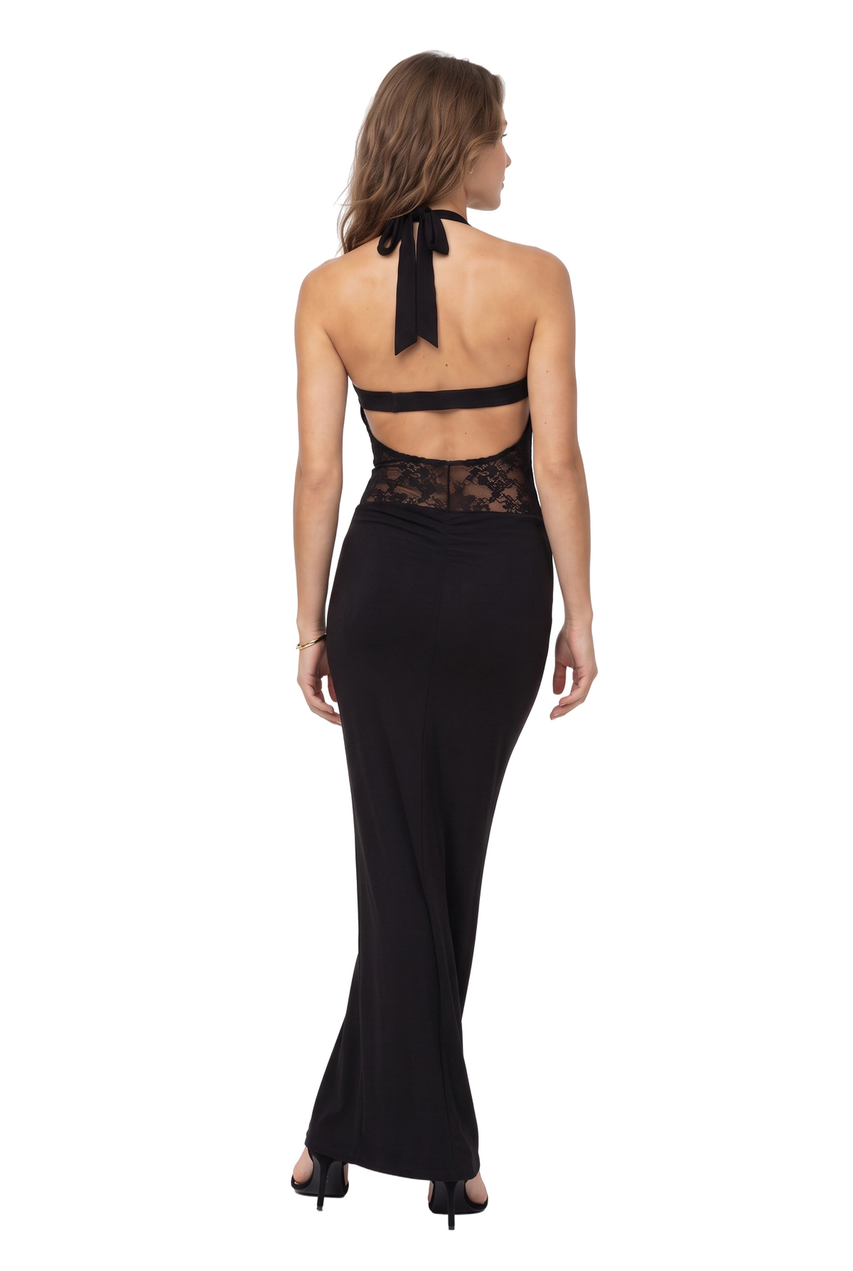 Black Lace Panel Halter Maxi