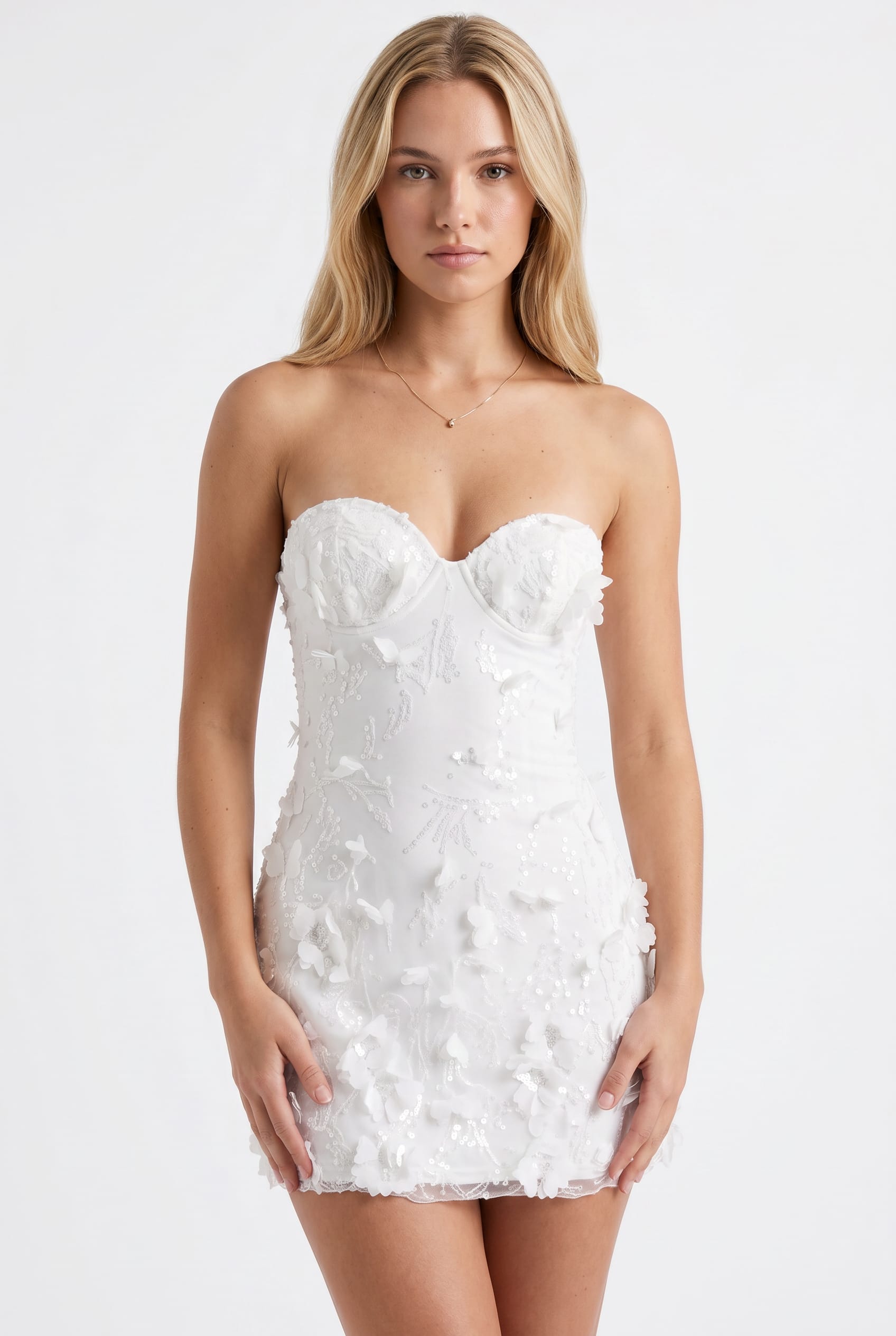 White Embellished Floral Bustier Mini Dress