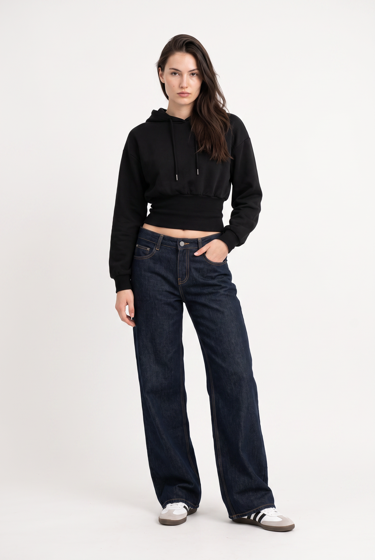 Black Cropped Cotton Pullover Hoodie