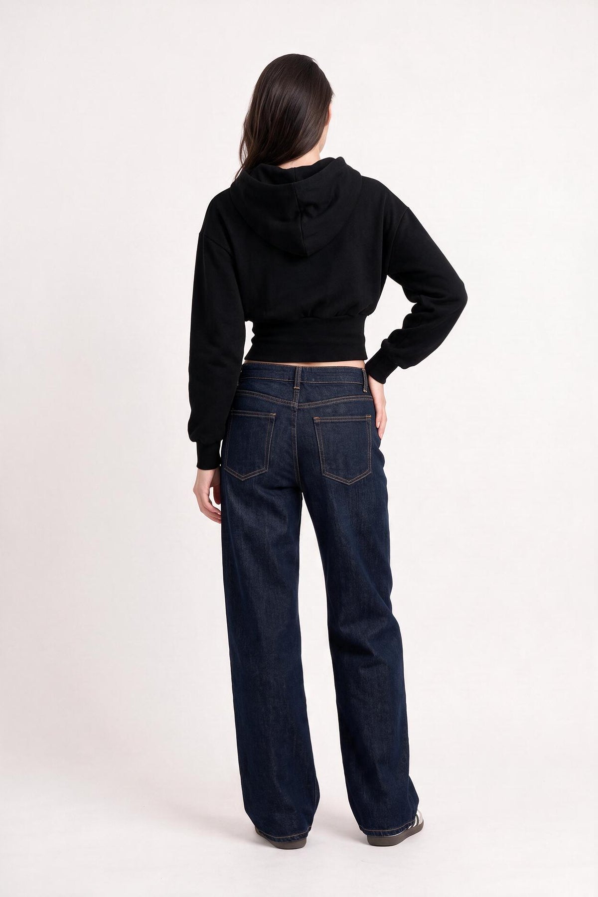 Black Cropped Cotton Pullover Hoodie