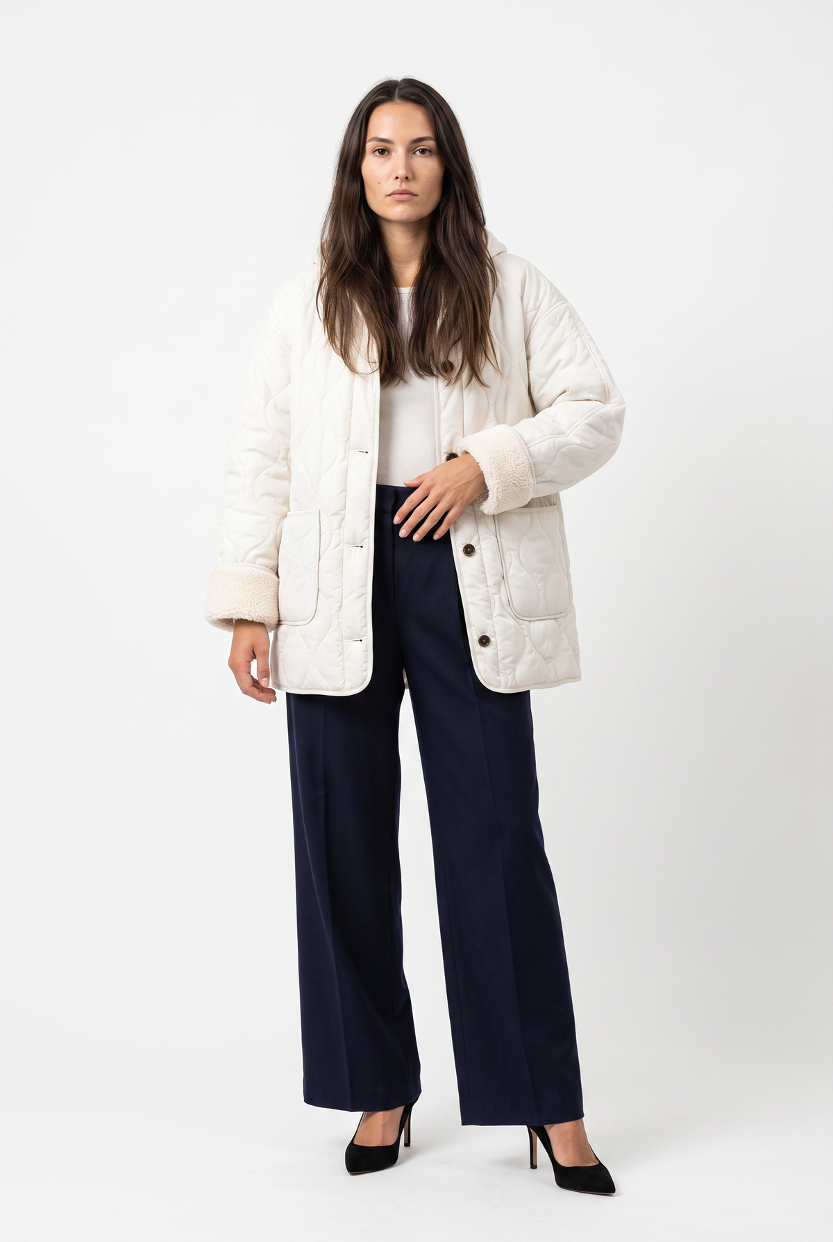 Cream Quilted Sherpa Cuff Jacket