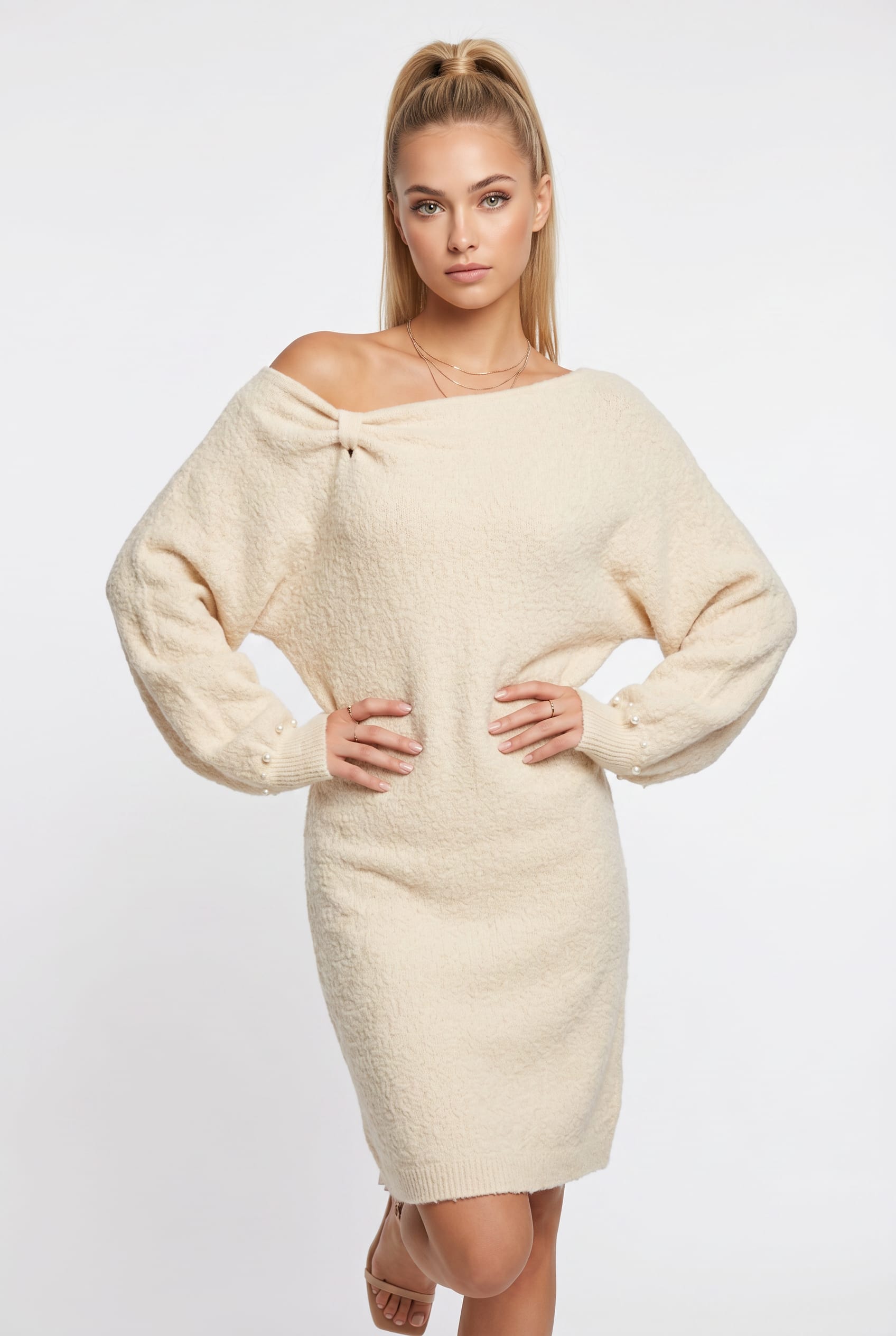 Cream Off-Shoulder Knit Sweater Dress