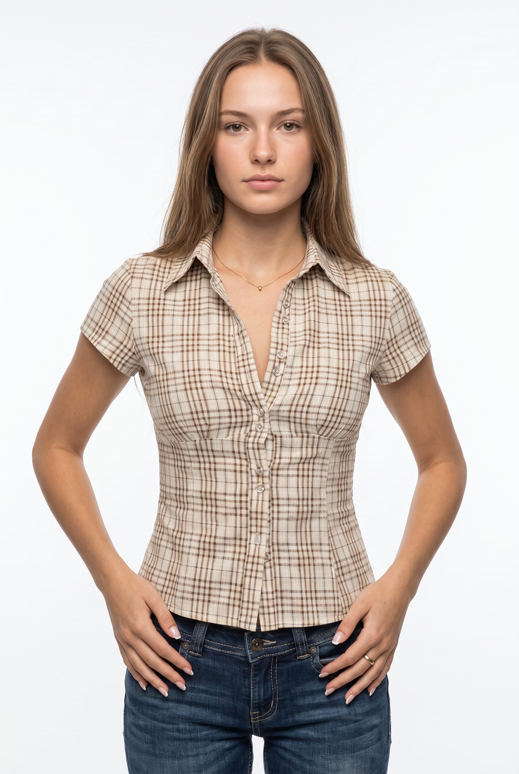 Beige Plaid Fitted Button-Up Shirt