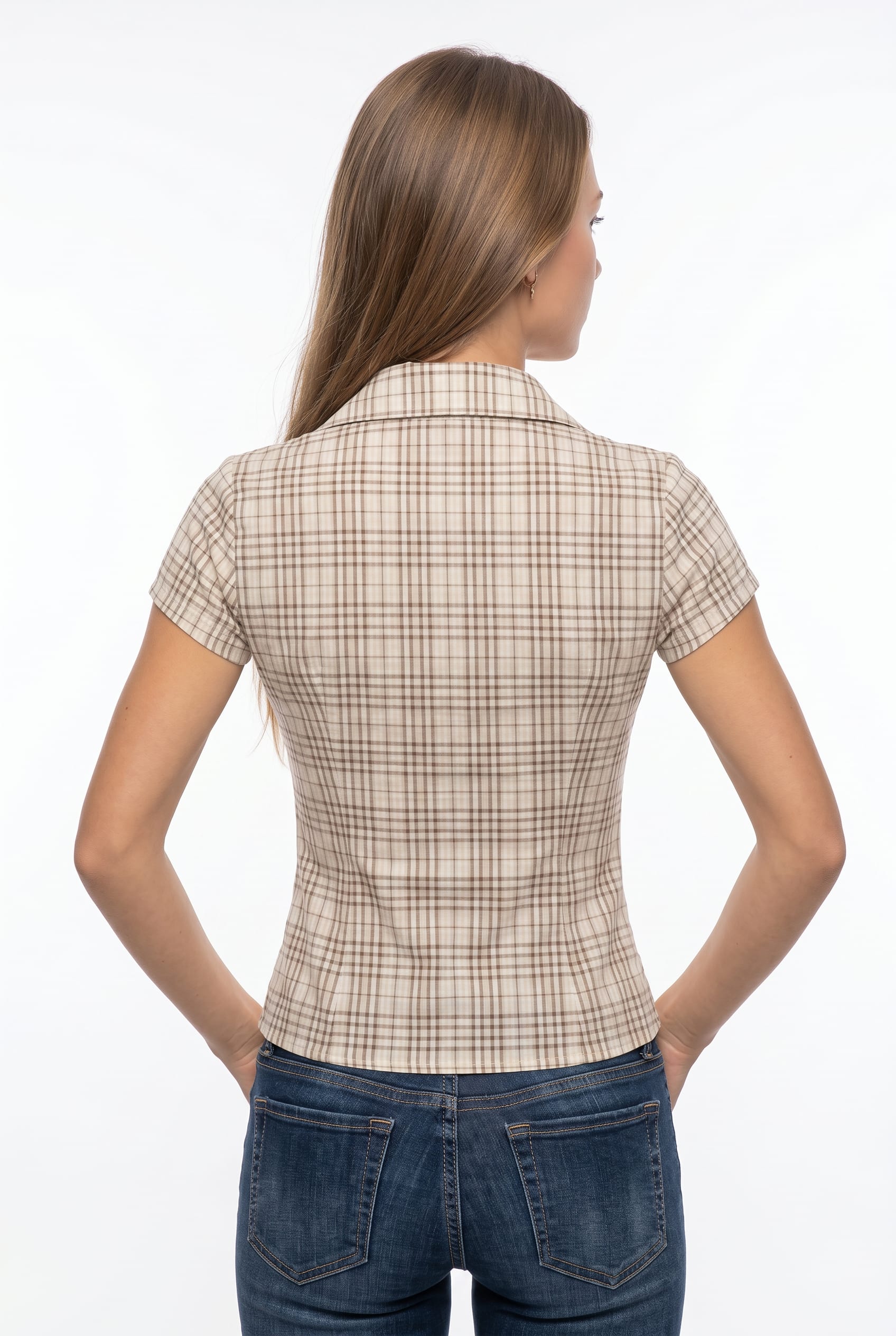 Beige Plaid Fitted Button-Up Shirt