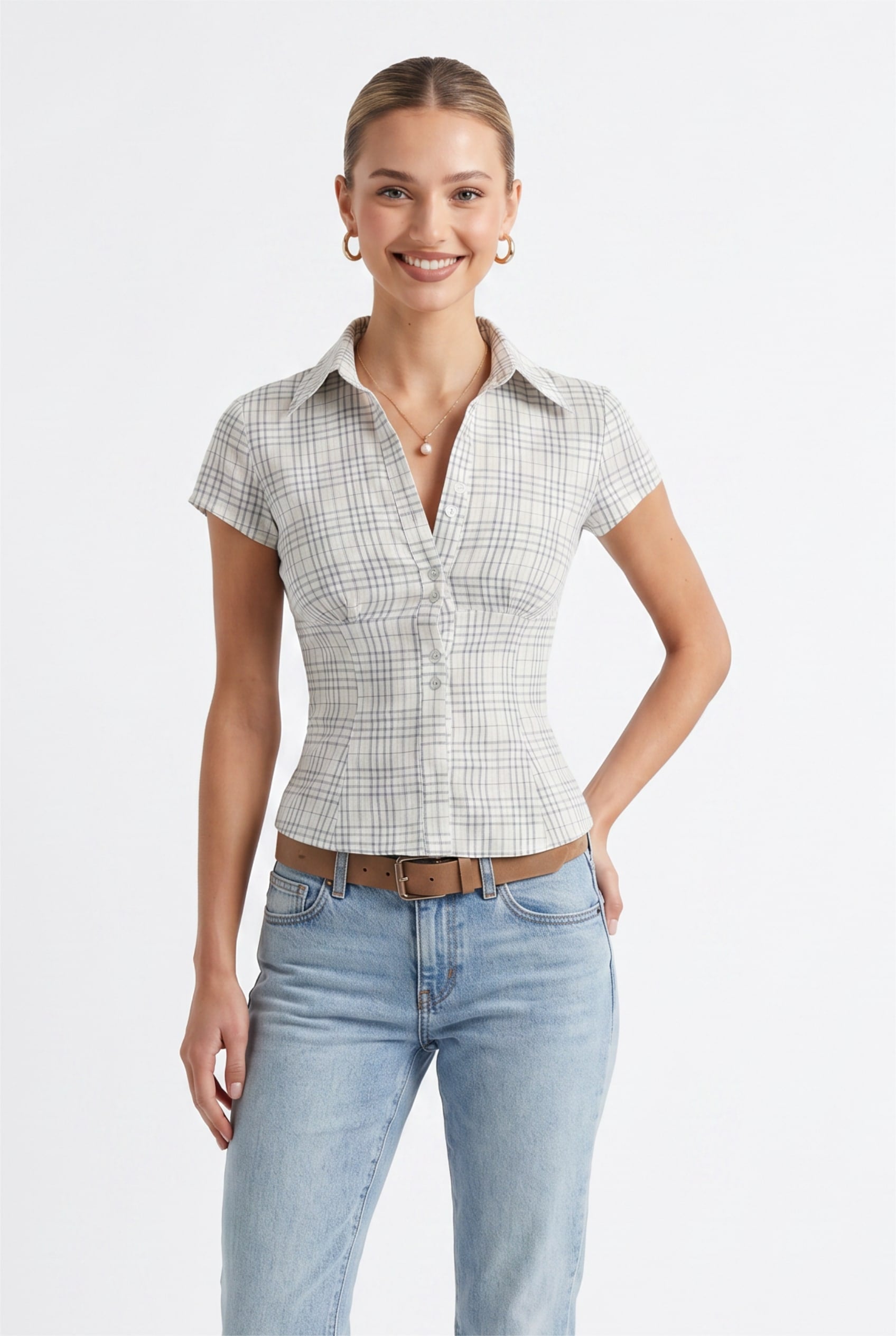 Beige Check Fitted Button Polo Shirt