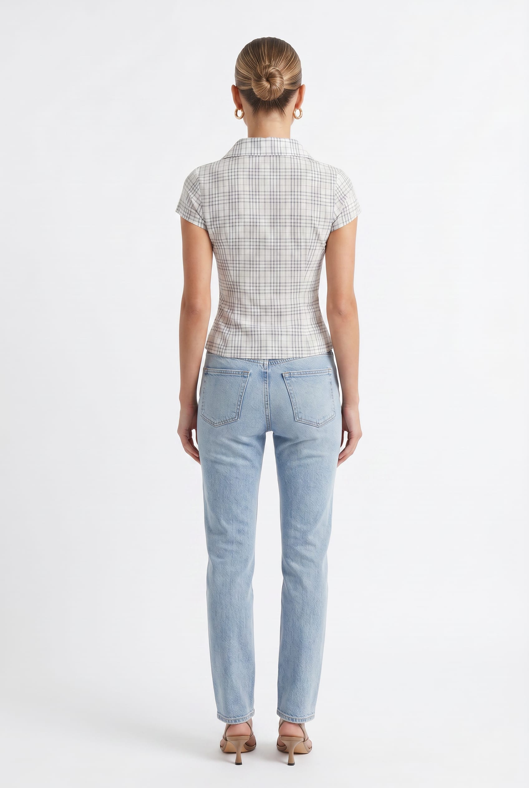 Beige Check Fitted Button Polo Shirt