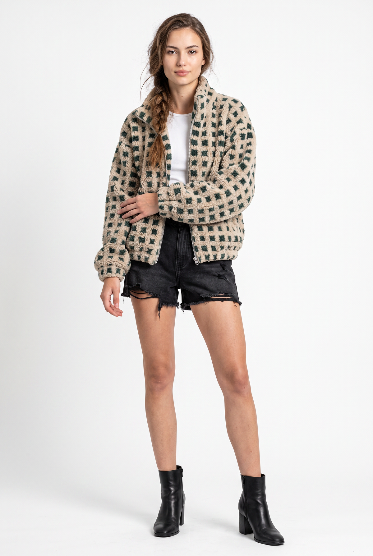 Beige Checkered Sherpa Zip Jacket