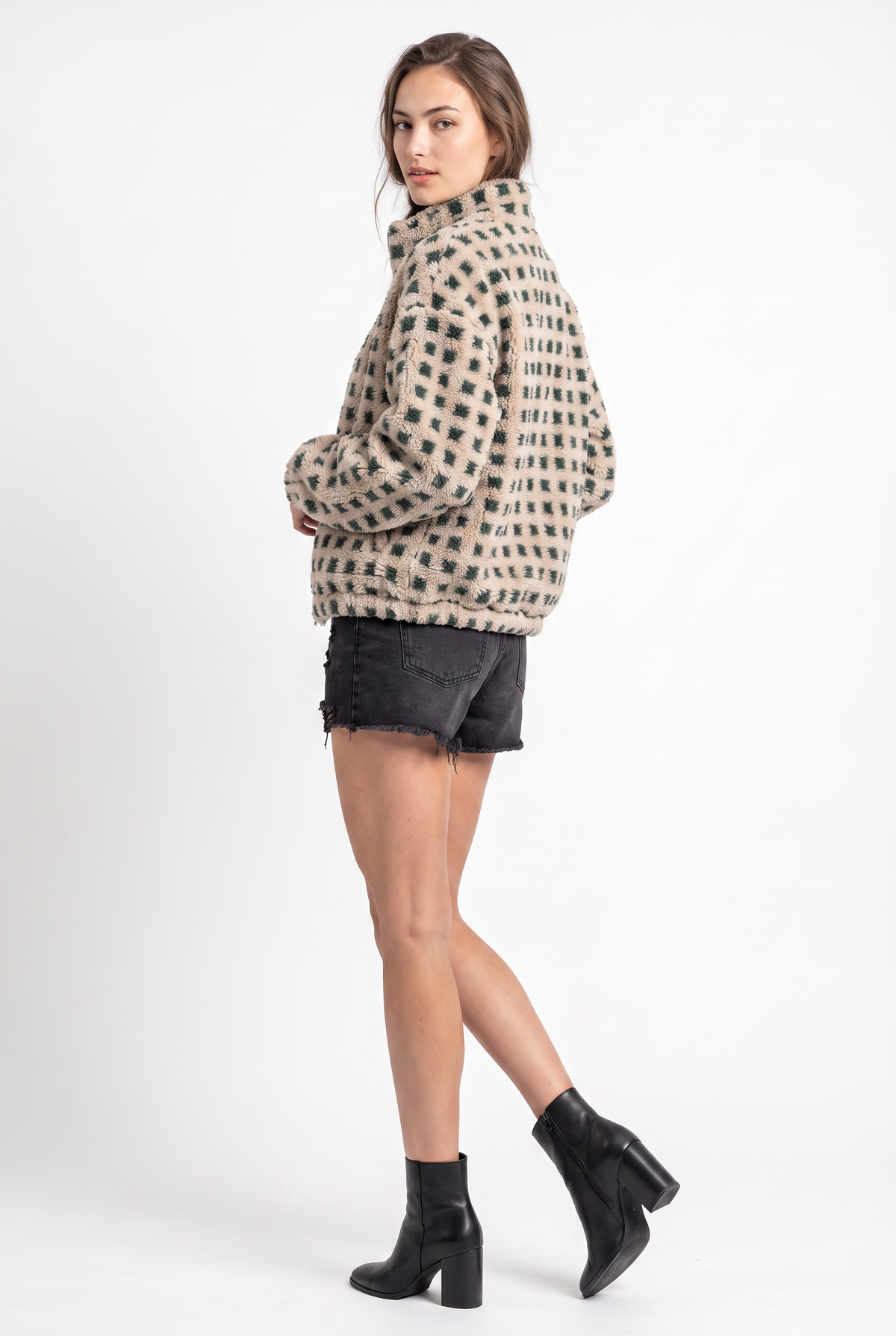 Beige Checkered Sherpa Zip Jacket