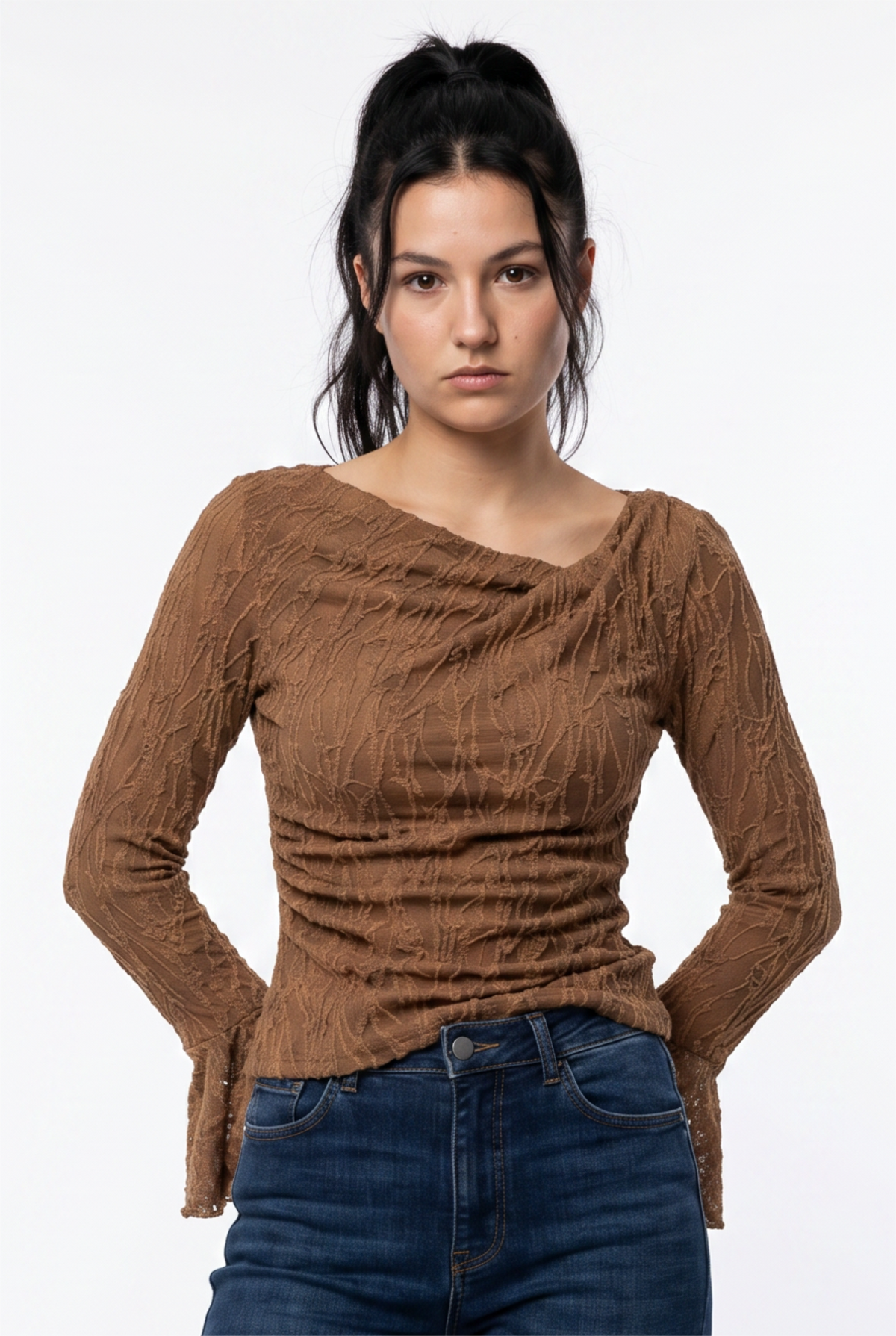 Brown Textured Crinkle Fitted Blouse