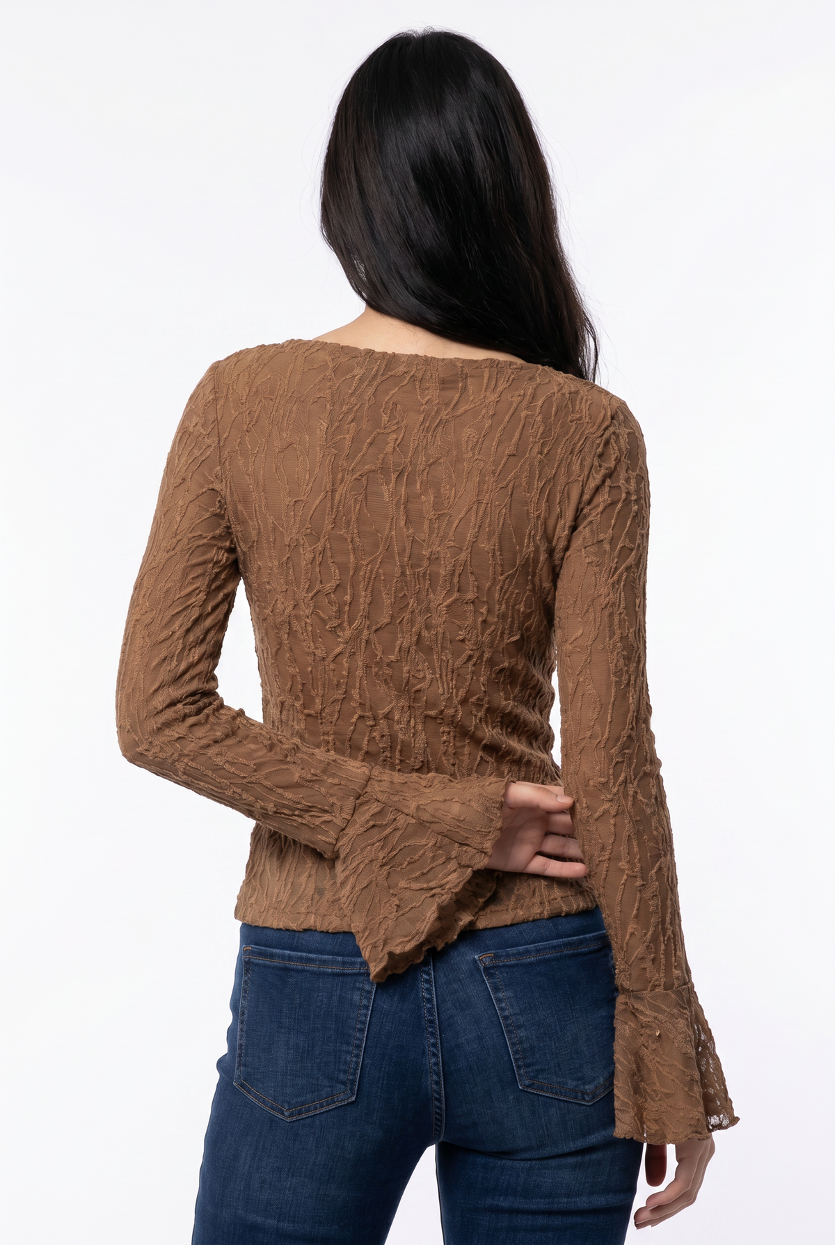 Brown Textured Crinkle Fitted Blouse