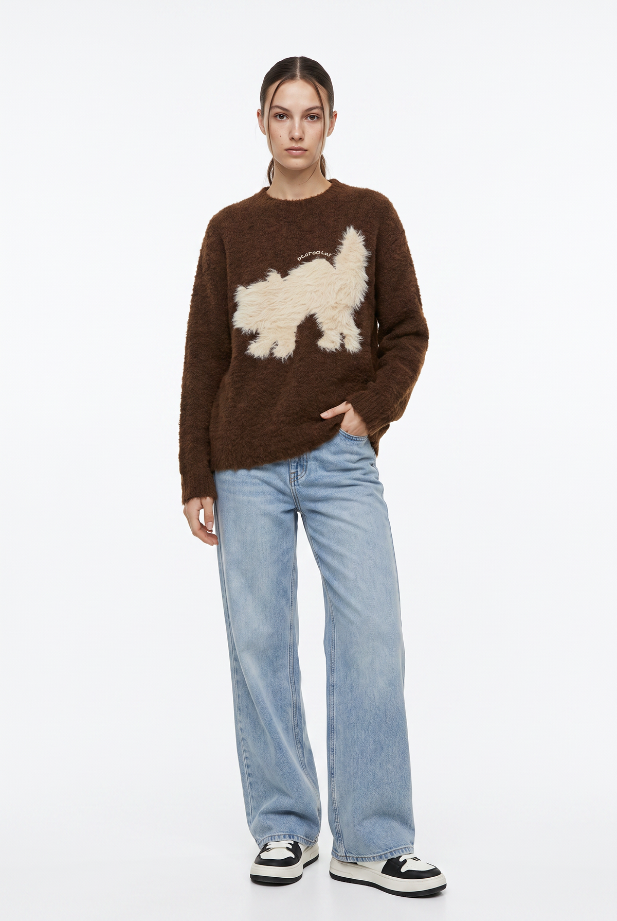 Brown Fuzzy Cat Graphic Sweater