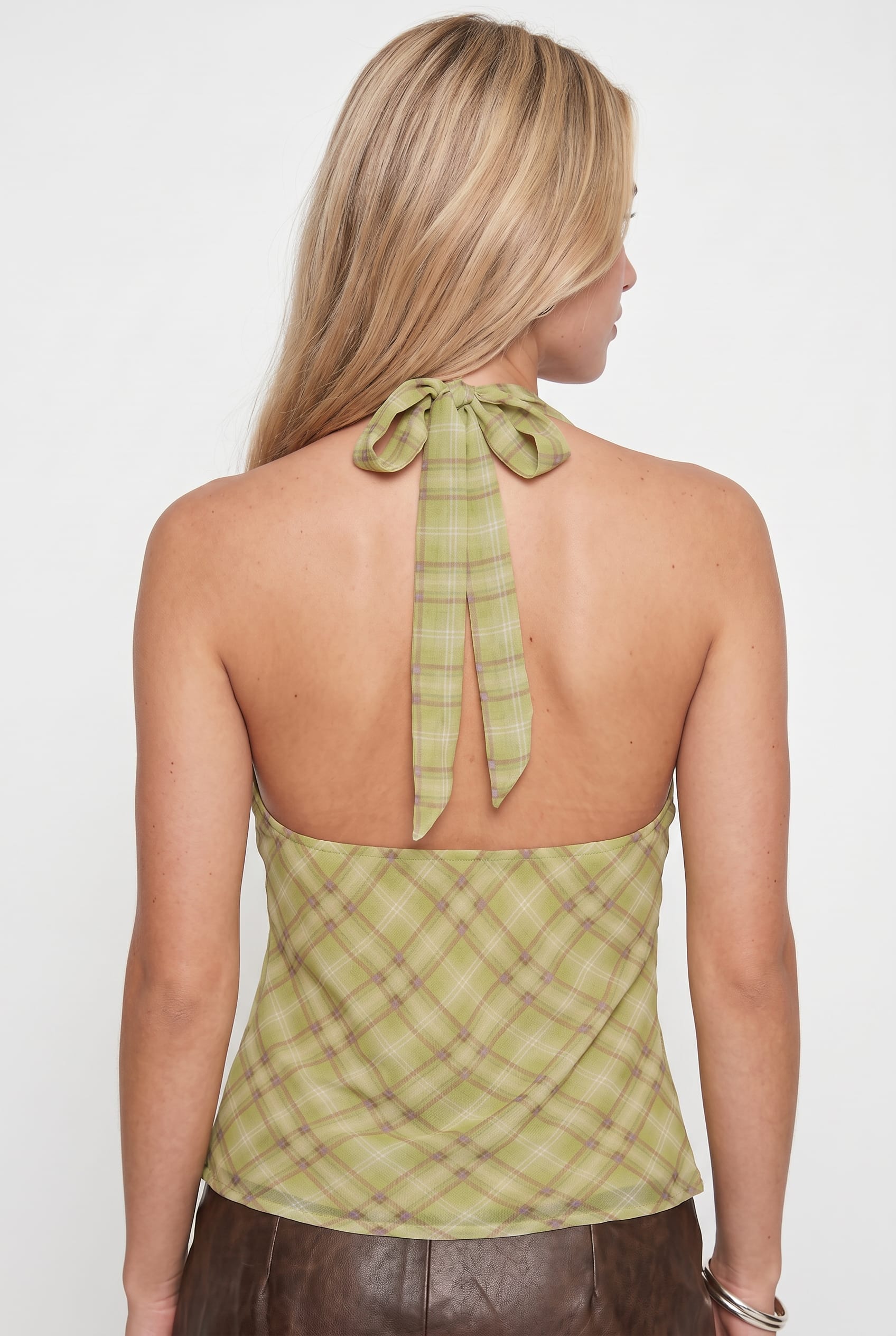 Chartreuse Plaid Halter Tie-Front Top