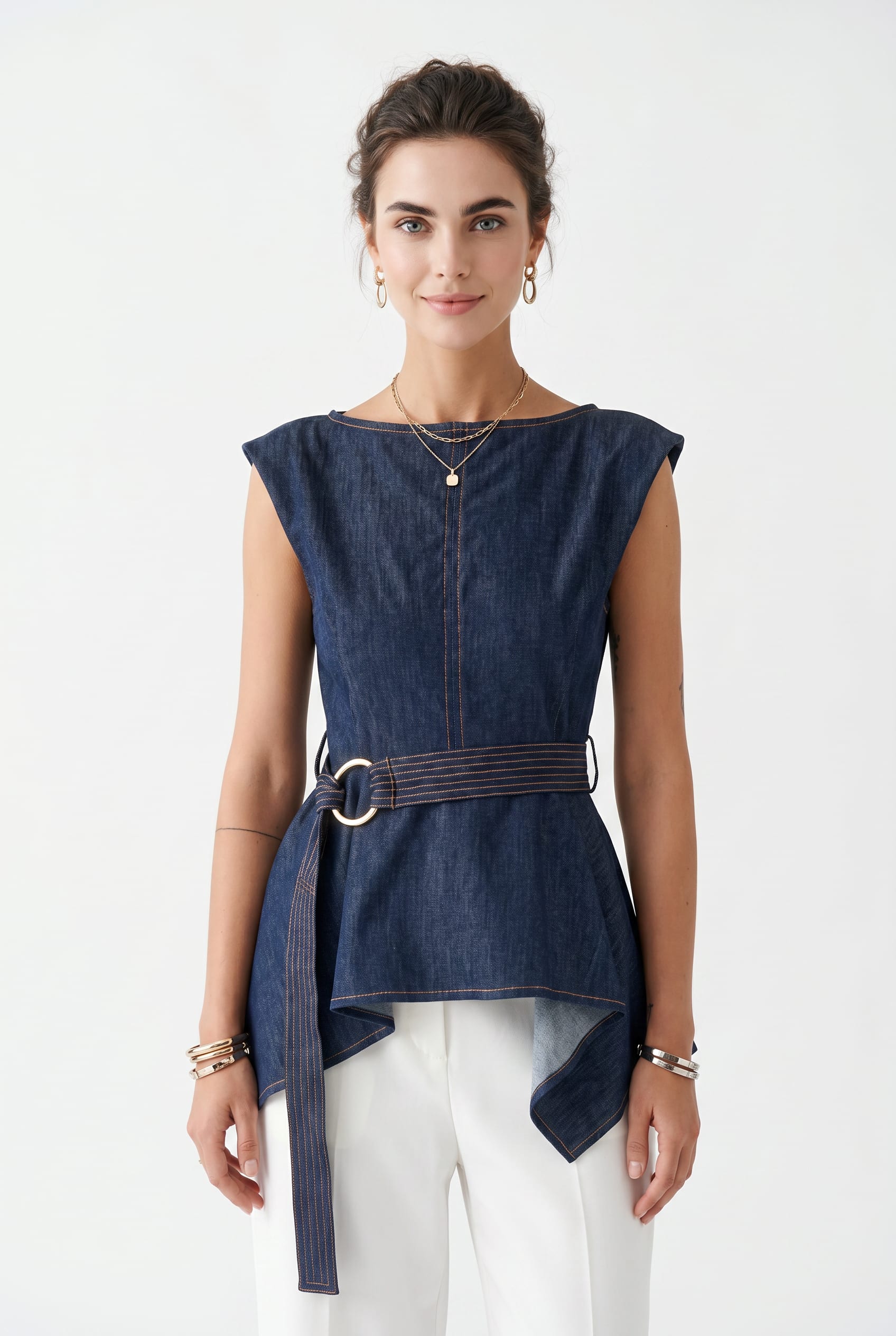 Dark Denim Belted Peplum Top