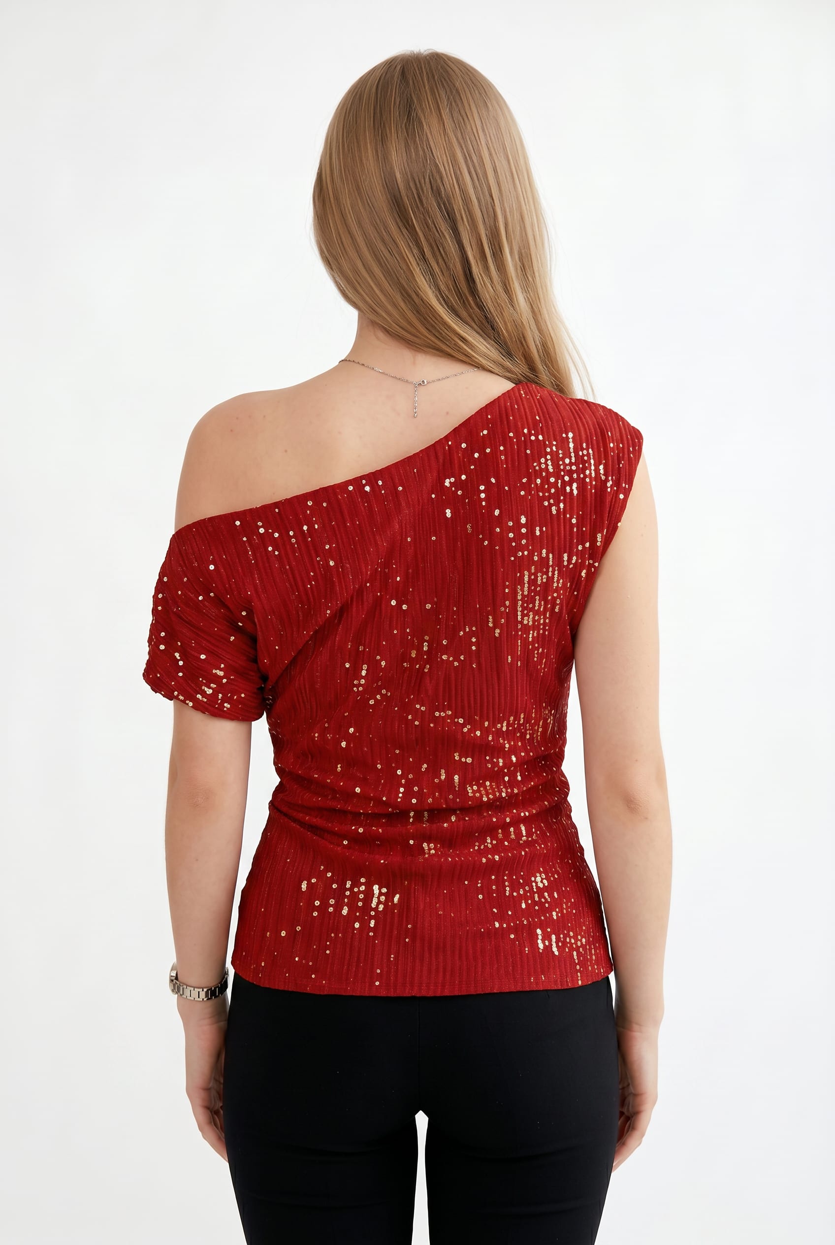Red Sequin One-Shoulder Pleated Top