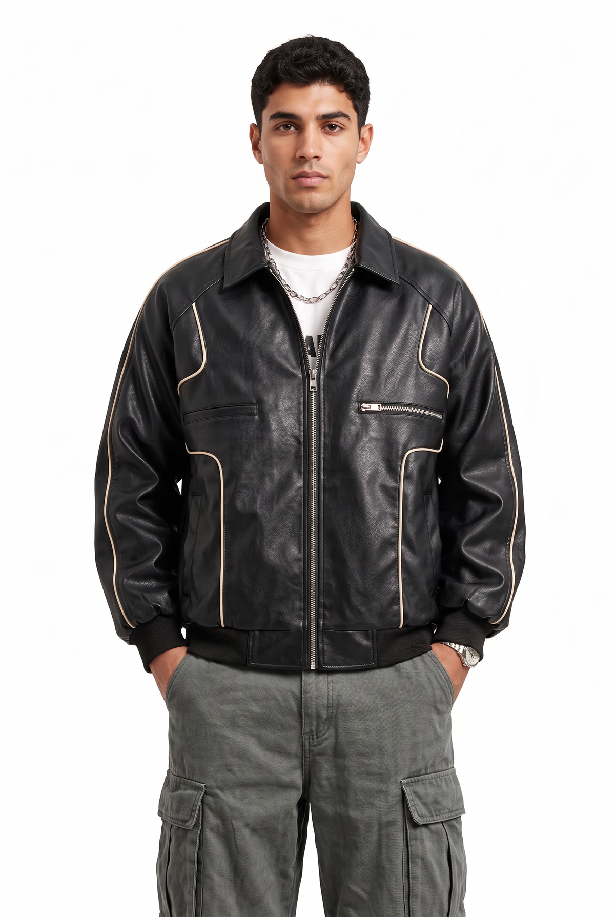 Piped Black Leather Bomber Jacket