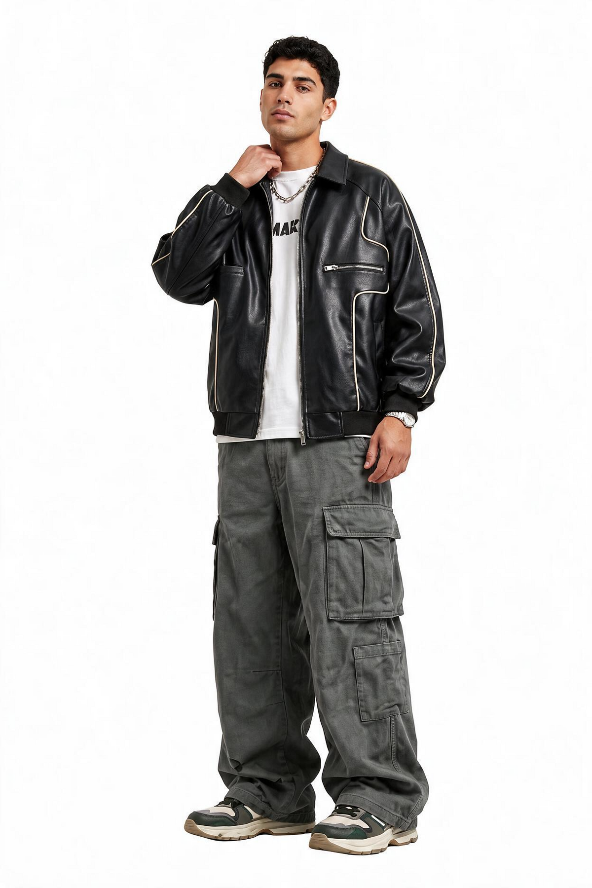 Piped Black Leather Bomber Jacket