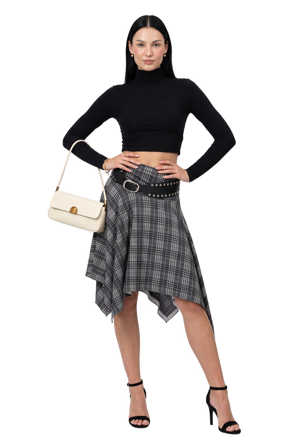 Grey Plaid Asymmetric Midi Skirt