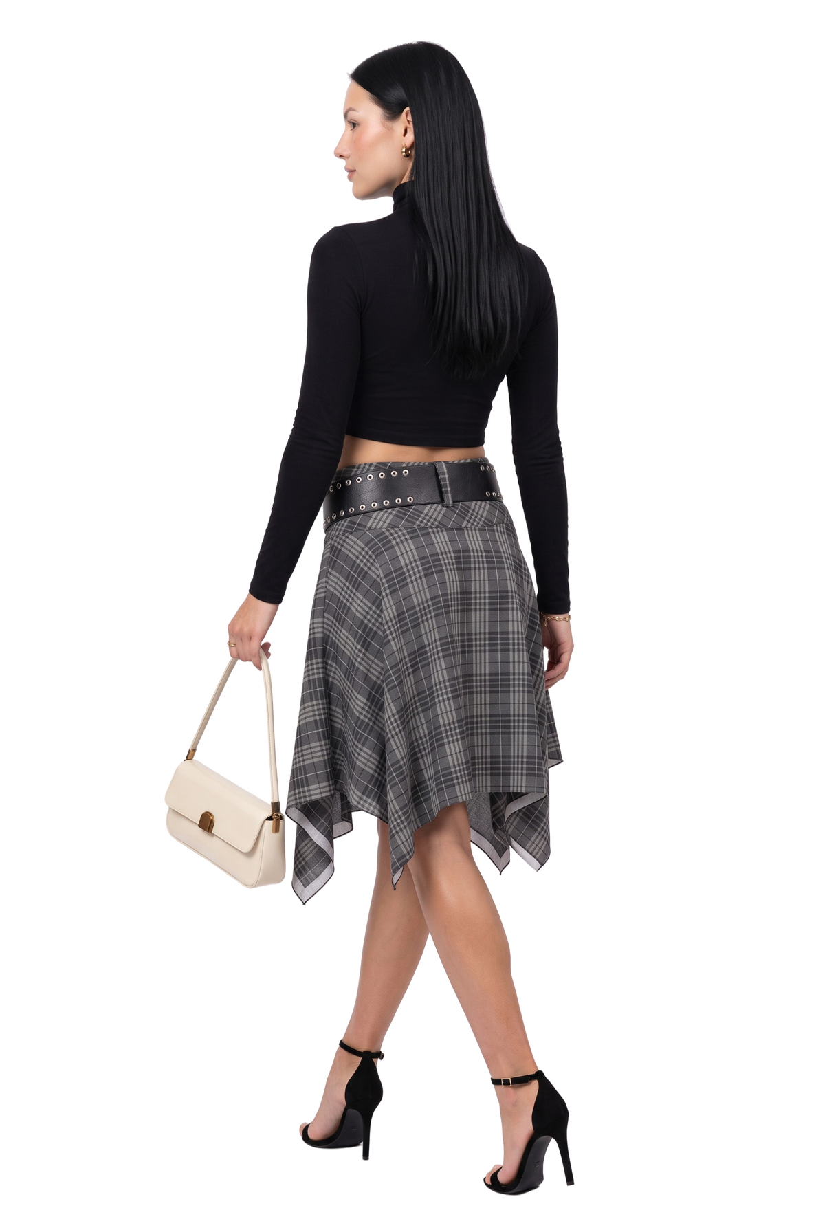 Grey Plaid Asymmetric Midi Skirt